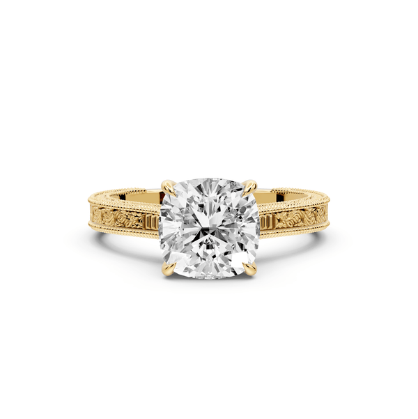Daniel - 2ct 14k yellow gold Cushion Vintage-Inspired Solitaire Engagement Ring with Hand-Engraved Milgrain Band - Mr. Alex Jewelry