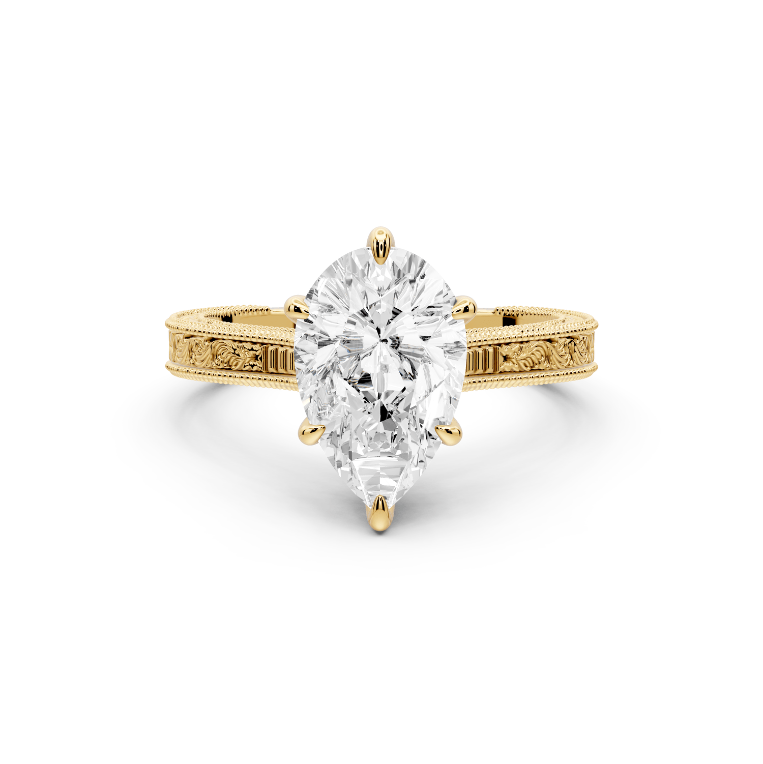 Daniel - 2ct 14k yellow gold Pear Vintage-Inspired Solitaire Engagement Ring with Hand-Engraved Milgrain Band - Mr. Alex Jewelry