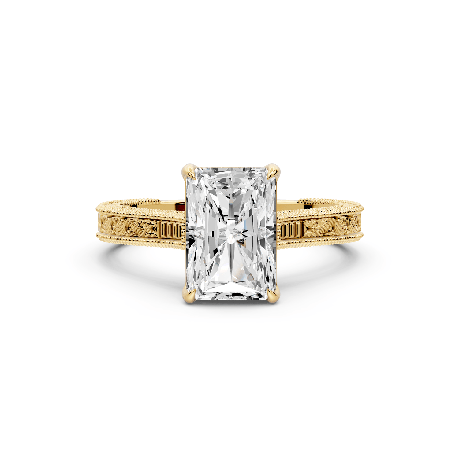 Daniel - 2ct 14k yellow gold Radiant Vintage-Inspired Solitaire Engagement Ring with Hand-Engraved Milgrain Band - Mr. Alex Jewelry