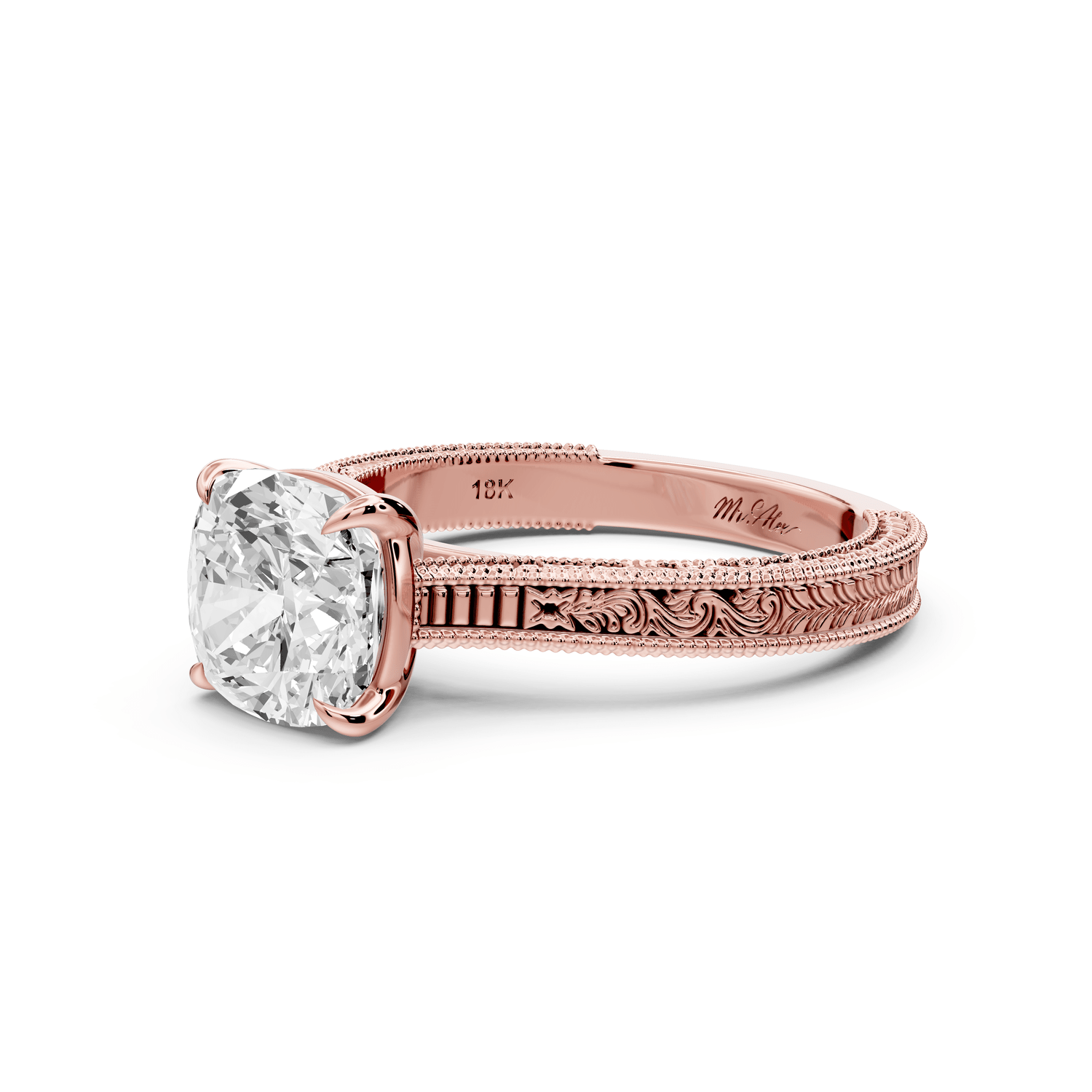 Daniel - 2ct 18k rose gold Cushion Vintage-Inspired Solitaire Engagement Ring with Hand-Engraved Milgrain Band - Mr. Alex Jewelry