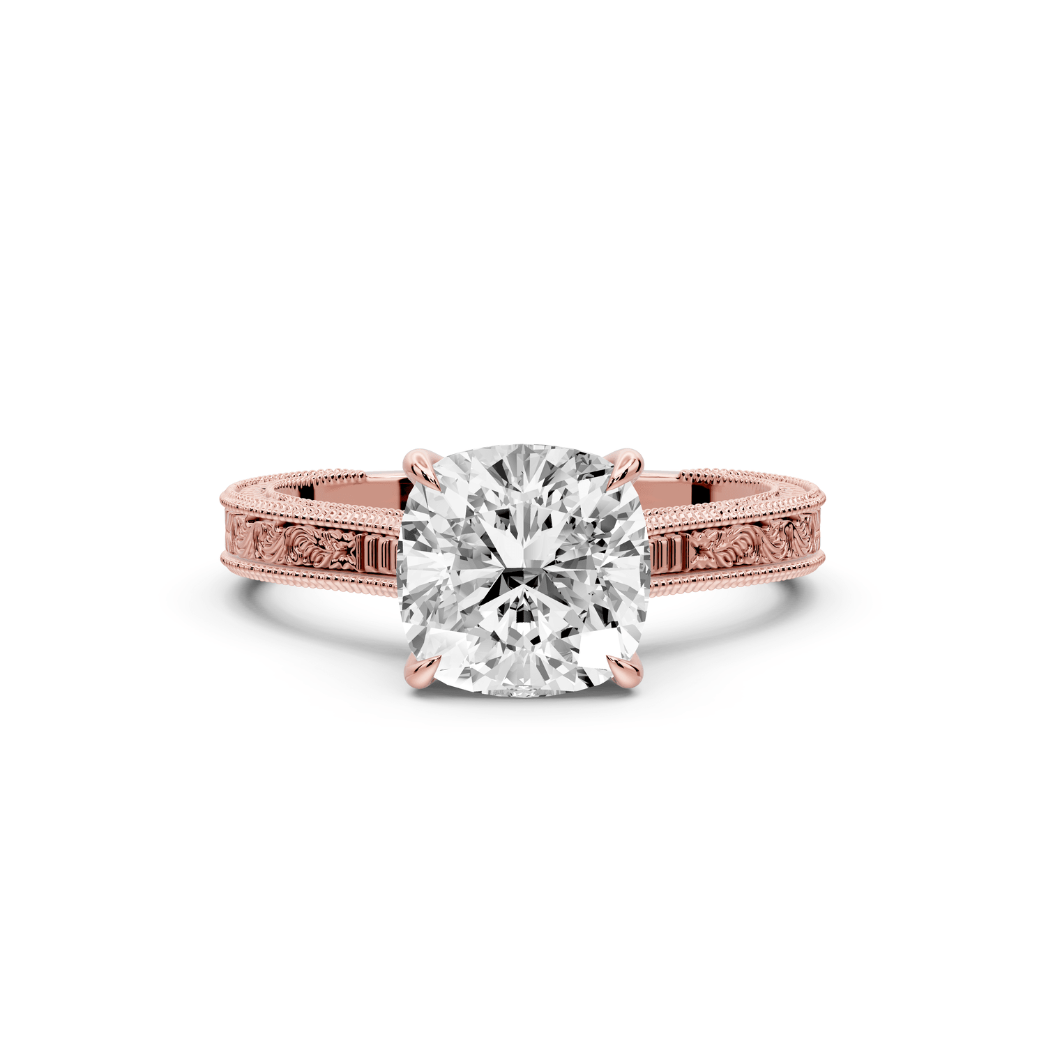 Daniel - 2ct 18k rose gold Cushion Vintage-Inspired Solitaire Engagement Ring with Hand-Engraved Milgrain Band - Mr. Alex Jewelry