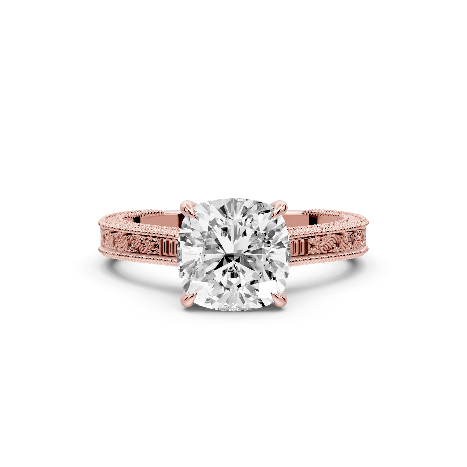 Daniel - 2ct 18k rose gold Cushion Vintage-Inspired Solitaire Engagement Ring with Hand-Engraved Milgrain Band - Mr. Alex Jewelry