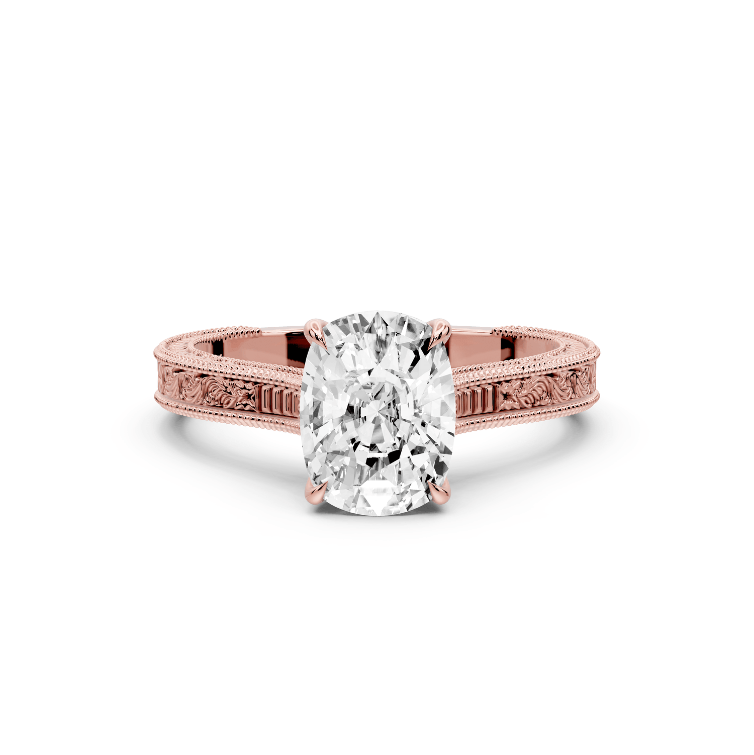 Daniel - 2ct 18k rose gold Ecushion Vintage-Inspired Solitaire Engagement Ring with Hand-Engraved Milgrain Band - Mr. Alex Jewelry