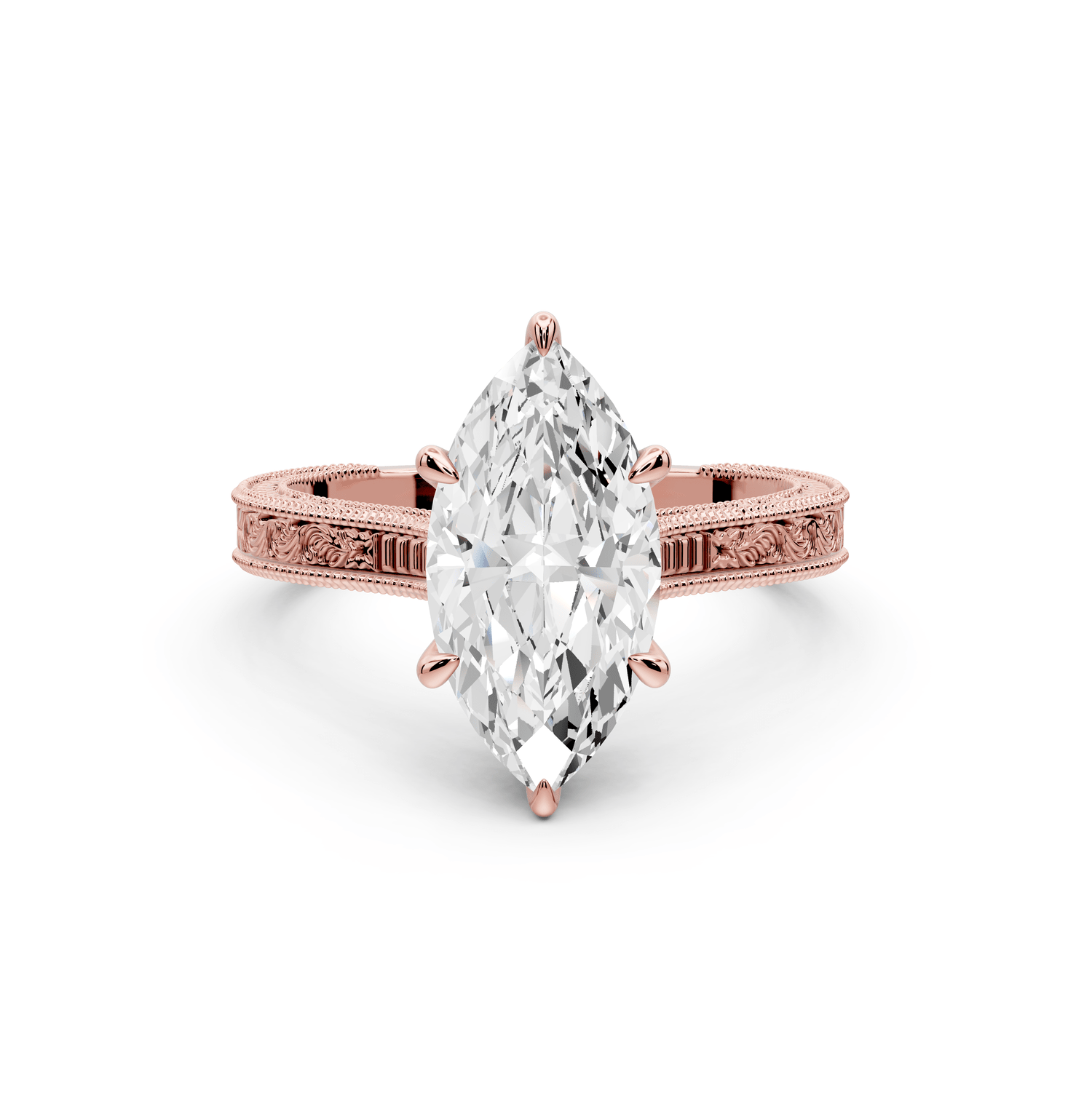 Daniel - 2ct 18k rose gold Marquise Vintage-Inspired Solitaire Engagement Ring with Hand-Engraved Milgrain Band - Mr. Alex Jewelry