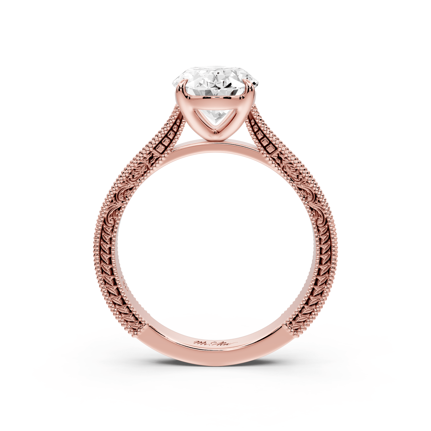Daniel - 2ct 18k rose gold Oval Vintage-Inspired Solitaire Engagement Ring with Hand-Engraved Milgrain Band - Mr. Alex Jewelry