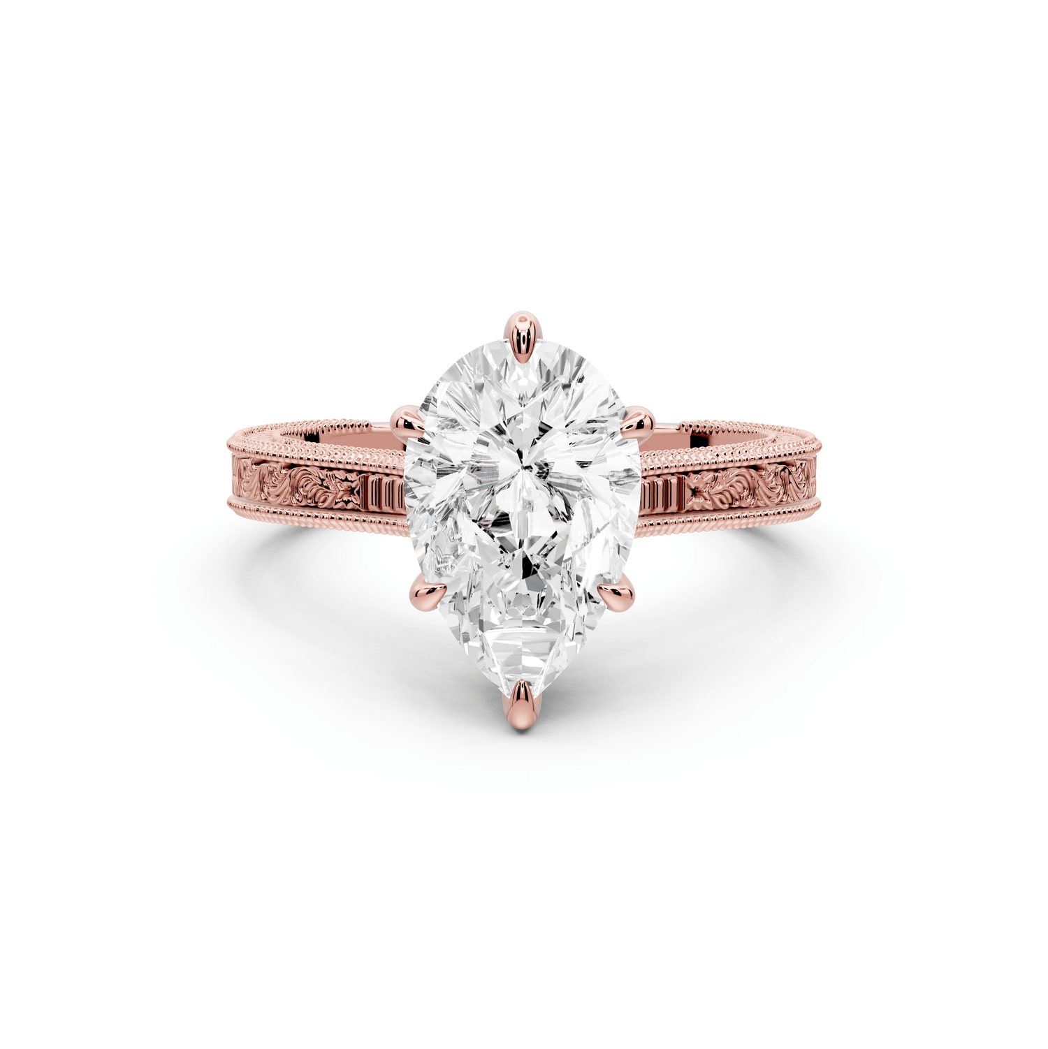 Daniel - 2ct 18k rose gold Pear Vintage-Inspired Solitaire Engagement Ring with Hand-Engraved Milgrain Band - Mr. Alex Jewelry