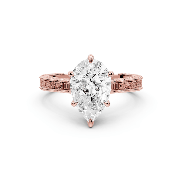 Daniel - 2ct 18k rose gold Pear Vintage-Inspired Solitaire Engagement Ring with Hand-Engraved Milgrain Band - Mr. Alex Jewelry