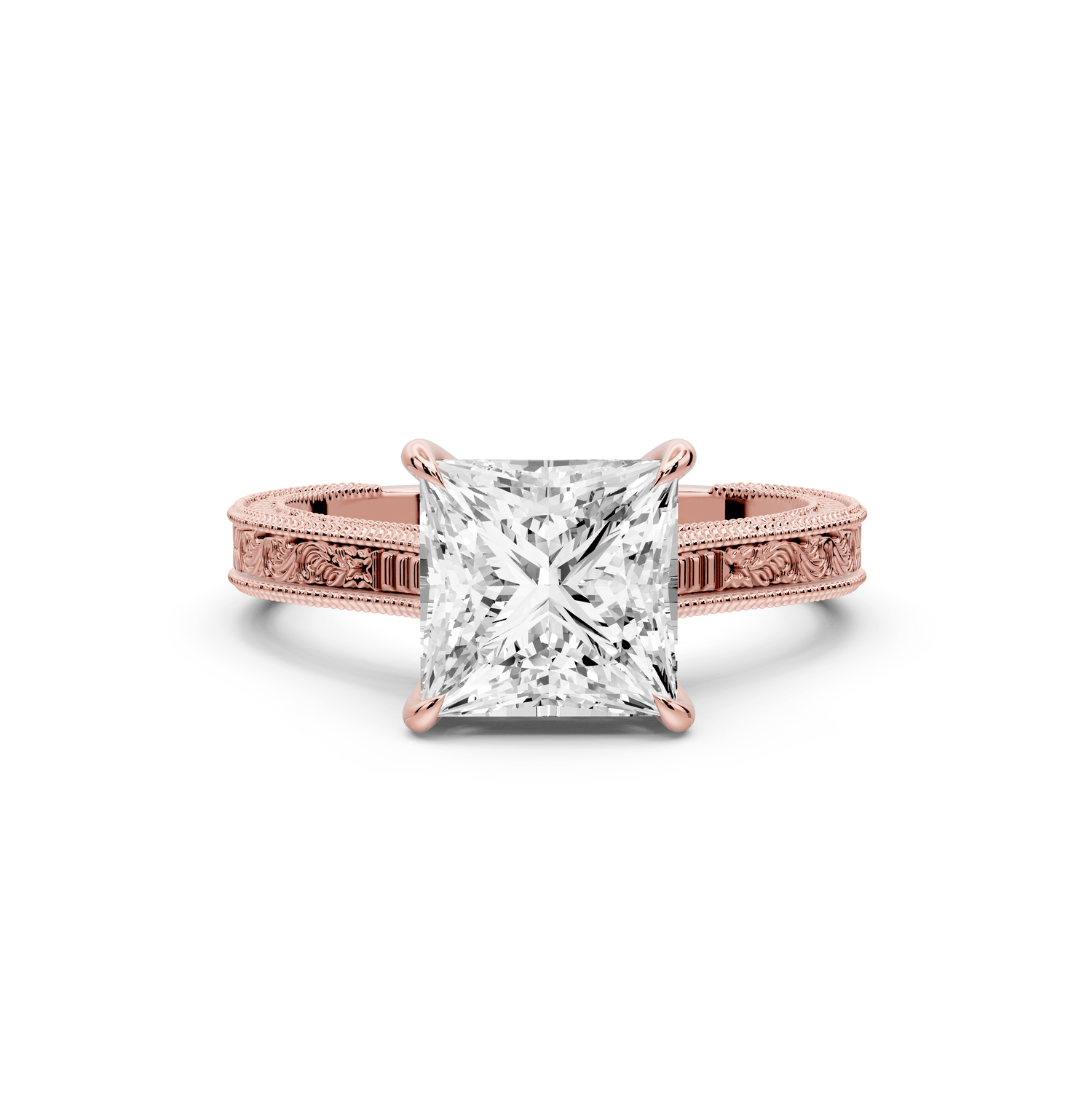 Daniel - 2ct 18k rose gold Princess Vintage-Inspired Solitaire Engagement Ring with Hand-Engraved Milgrain Band - Mr. Alex Jewelry