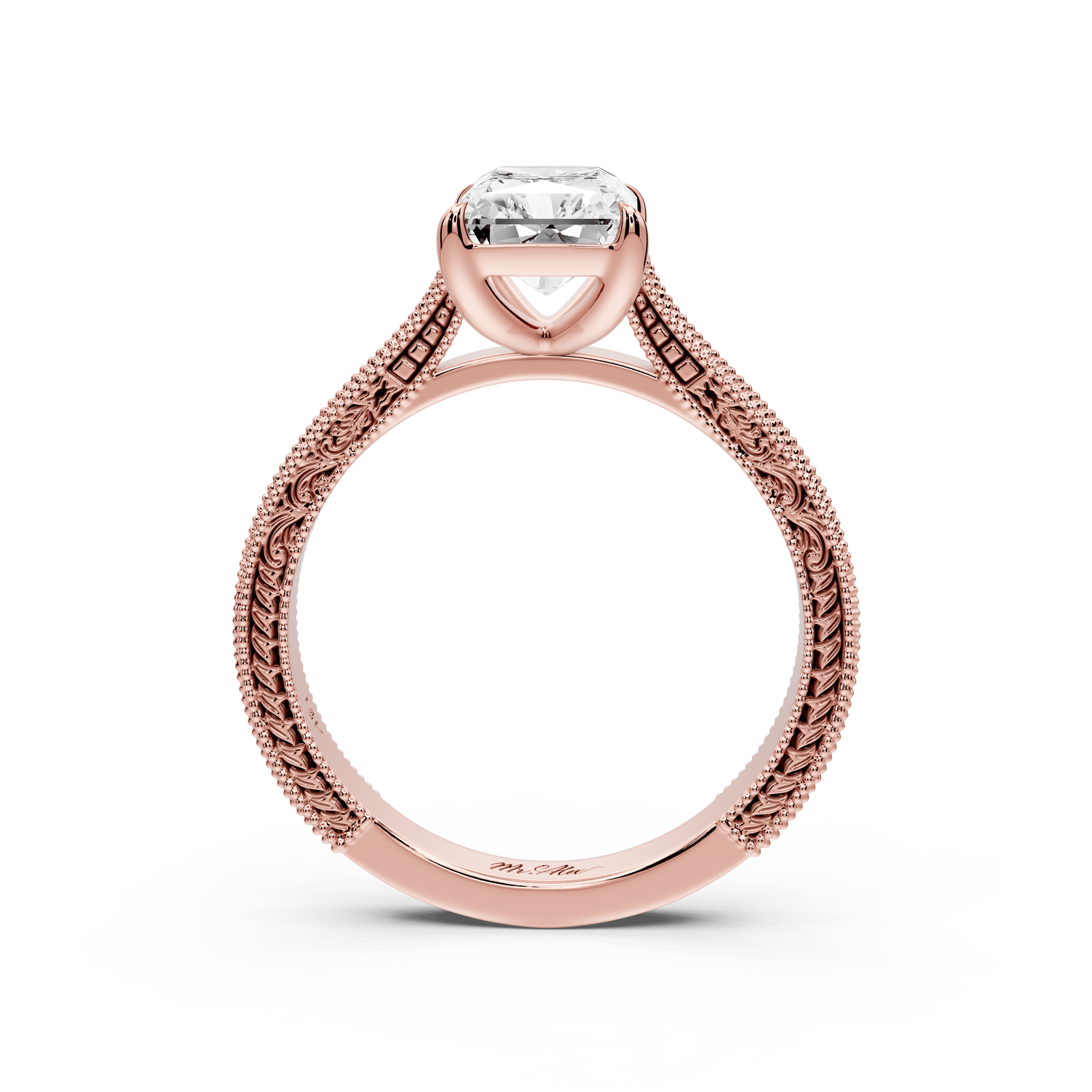 Daniel - 2ct 18k rose gold Radiant Vintage-Inspired Solitaire Engagement Ring with Hand-Engraved Milgrain Band - Mr. Alex Jewelry