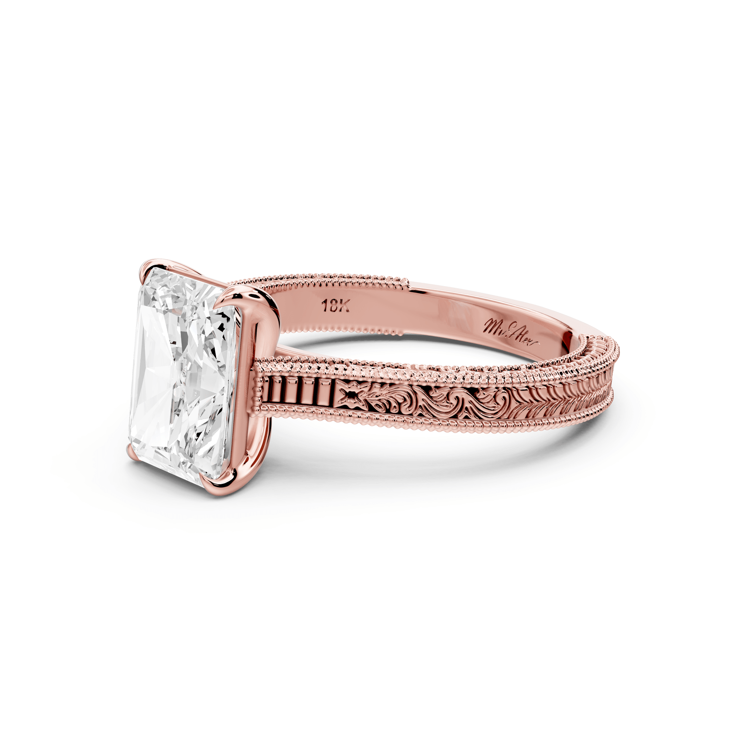 Daniel - 2ct 18k rose gold Radiant Vintage-Inspired Solitaire Engagement Ring with Hand-Engraved Milgrain Band - Mr. Alex Jewelry