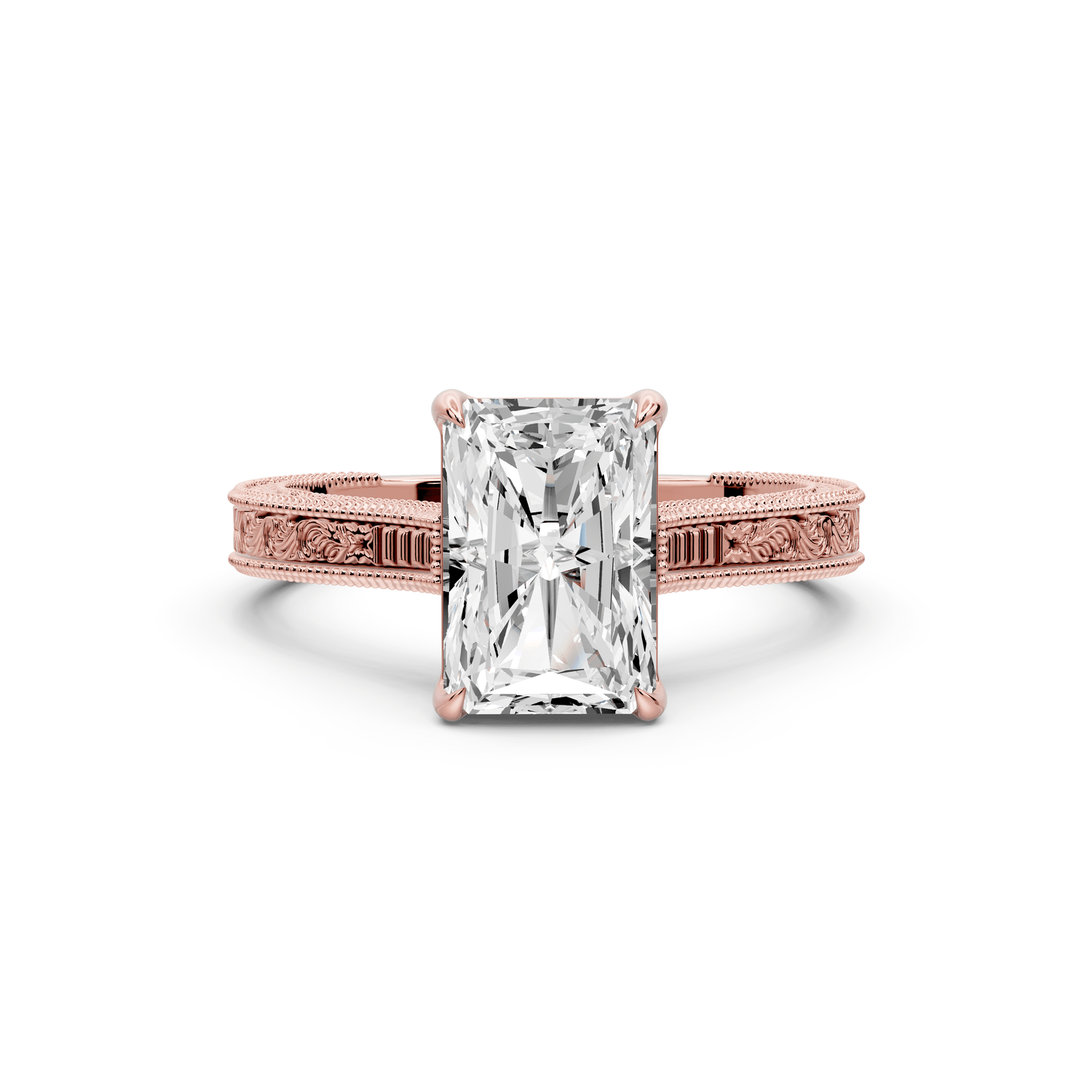 Daniel - 2ct 18k rose gold Radiant Vintage-Inspired Solitaire Engagement Ring with Hand-Engraved Milgrain Band - Mr. Alex Jewelry