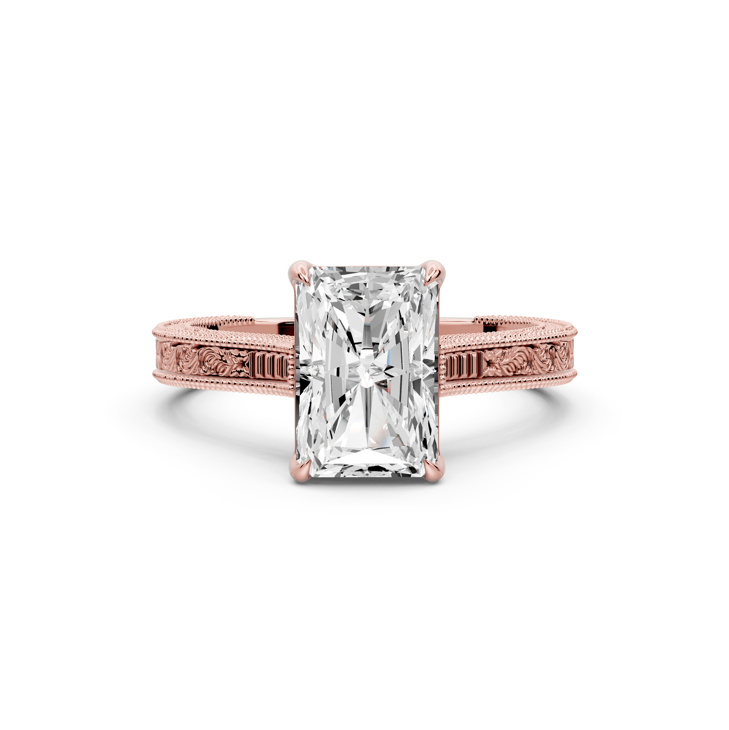 Daniel - 2ct 18k rose gold Radiant Vintage-Inspired Solitaire Engagement Ring with Hand-Engraved Milgrain Band - Mr. Alex Jewelry