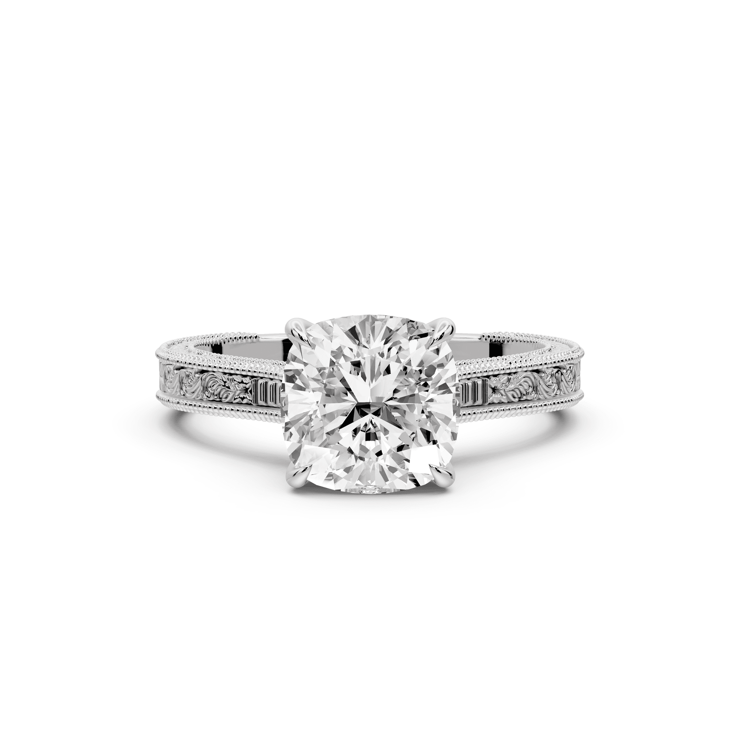 Daniel - 2ct 18k white gold Cushion Vintage-Inspired Solitaire Engagement Ring with Hand-Engraved Milgrain Band - Mr. Alex Jewelry