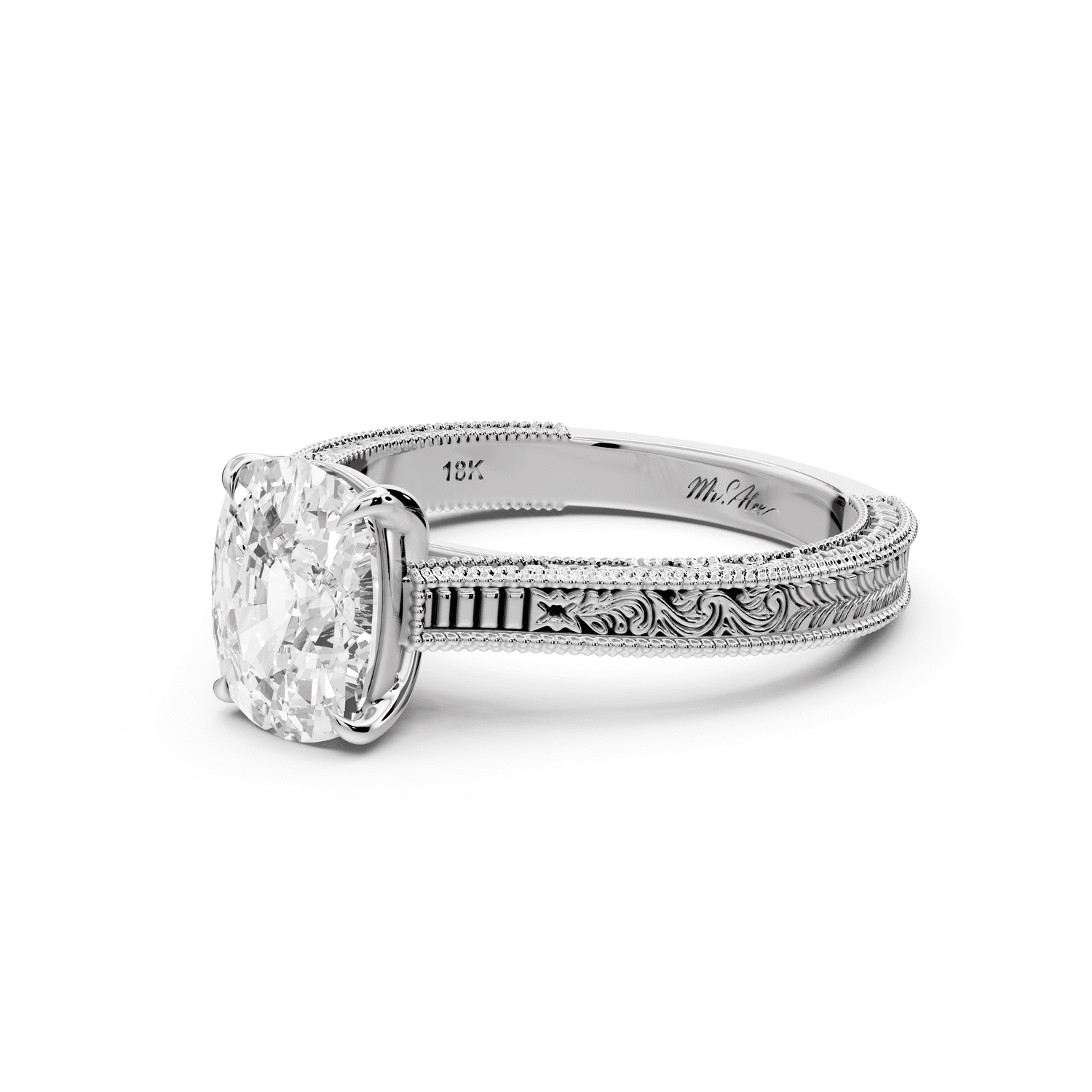 Daniel - 2ct 18k white gold Ecushion Vintage-Inspired Solitaire Engagement Ring with Hand-Engraved Milgrain Band - Mr. Alex Jewelry