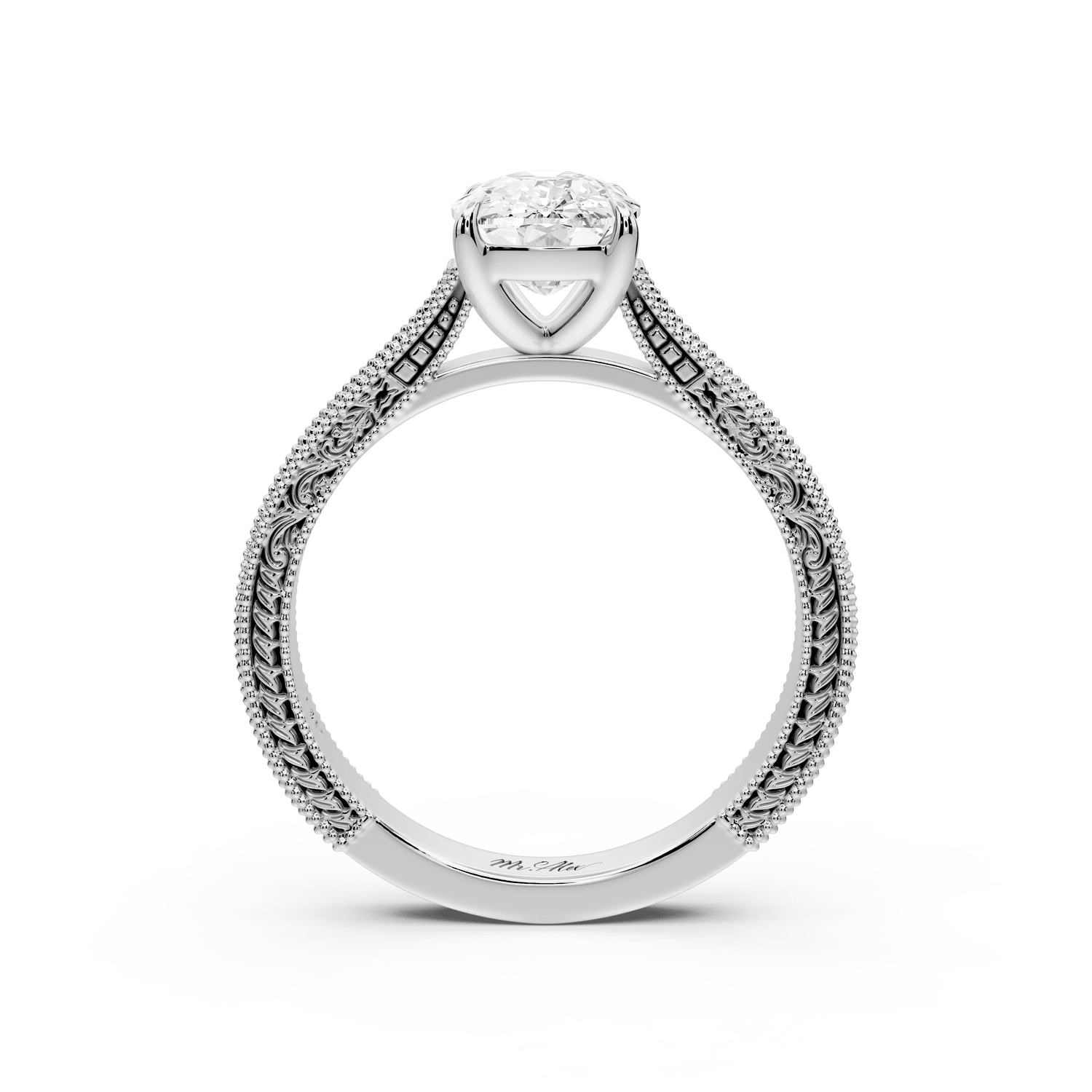 Daniel - 2ct 18k white gold Ecushion Vintage-Inspired Solitaire Engagement Ring with Hand-Engraved Milgrain Band - Mr. Alex Jewelry