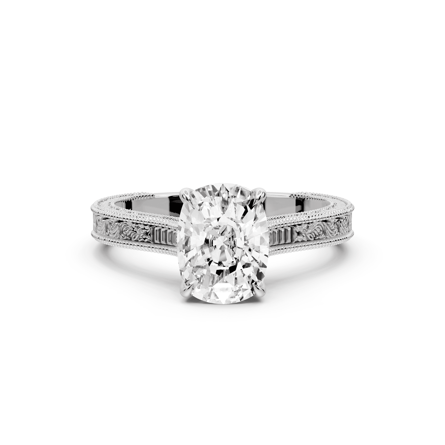 Daniel - 2ct 18k white gold Ecushion Vintage-Inspired Solitaire Engagement Ring with Hand-Engraved Milgrain Band - Mr. Alex Jewelry