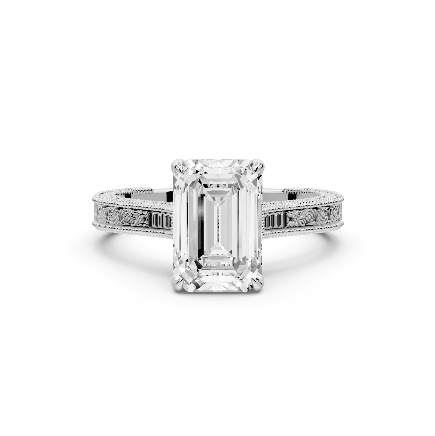 Daniel - 2ct 18k white gold Emerald Vintage-Inspired Solitaire Engagement Ring with Hand-Engraved Milgrain Band - Mr. Alex Jewelry