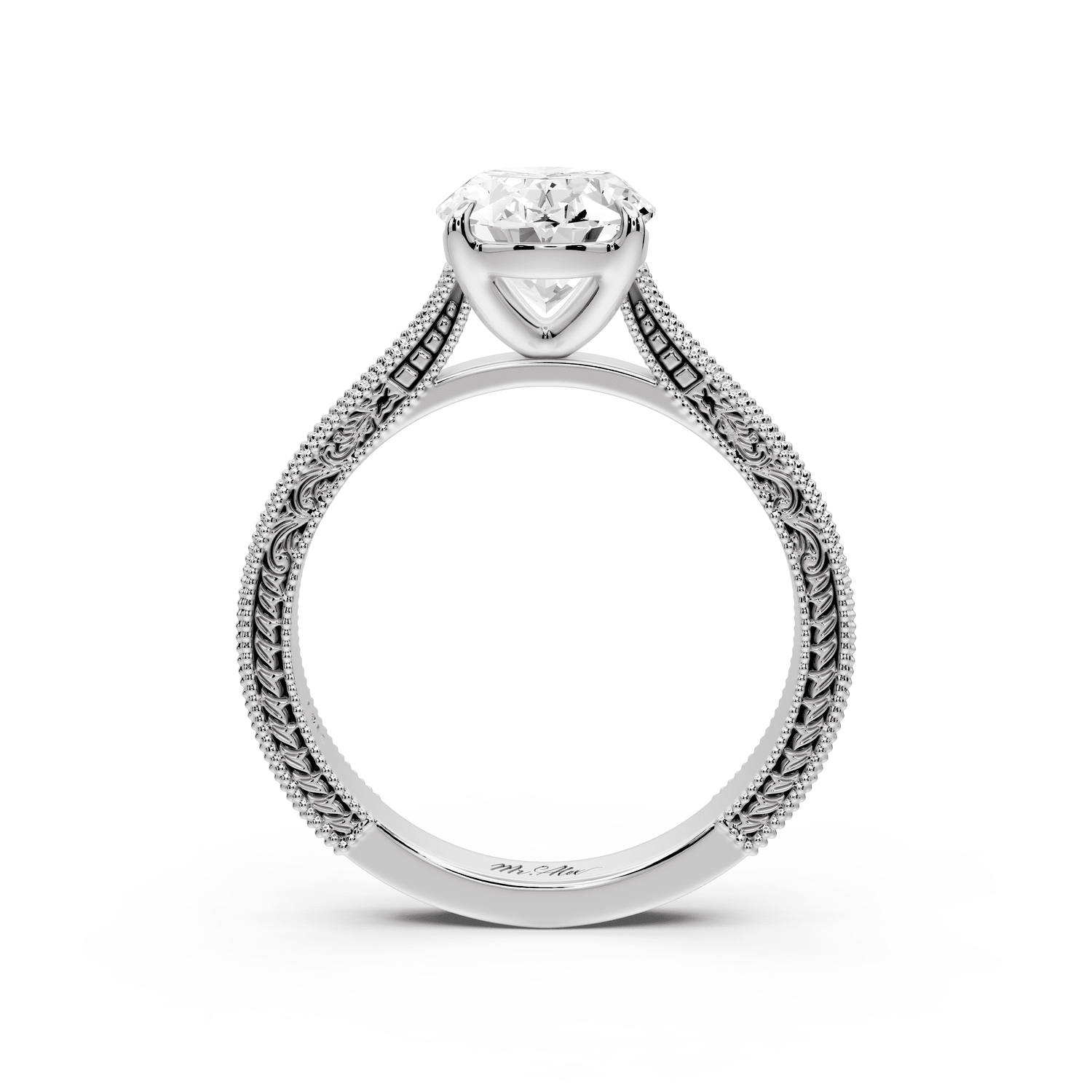 Daniel - 2ct 18k white gold Oval Vintage-Inspired Solitaire Engagement Ring with Hand-Engraved Milgrain Band - Mr. Alex Jewelry
