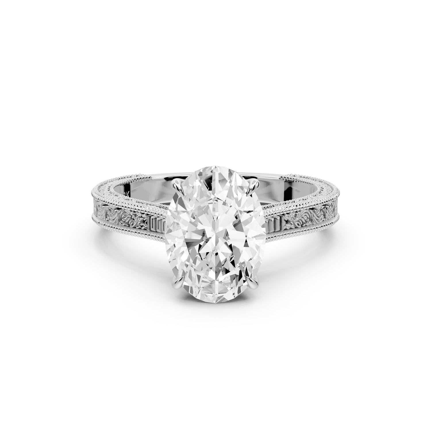 Daniel - 2ct 18k white gold Oval Vintage-Inspired Solitaire Engagement Ring with Hand-Engraved Milgrain Band - Mr. Alex Jewelry