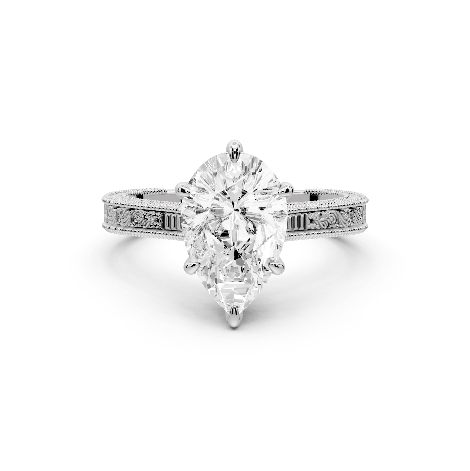 Daniel - 2ct 18k white gold Pear Vintage-Inspired Solitaire Engagement Ring with Hand-Engraved Milgrain Band - Mr. Alex Jewelry