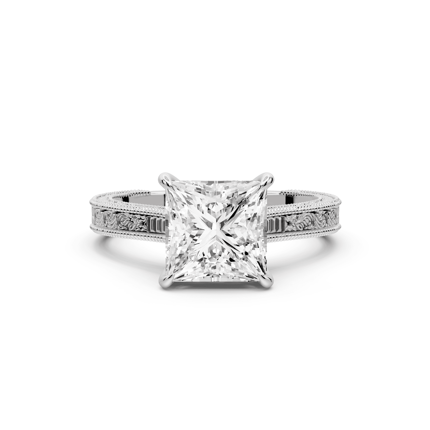Daniel - 2ct 18k white gold Princess Vintage-Inspired Solitaire Engagement Ring with Hand-Engraved Milgrain Band - Mr. Alex Jewelry
