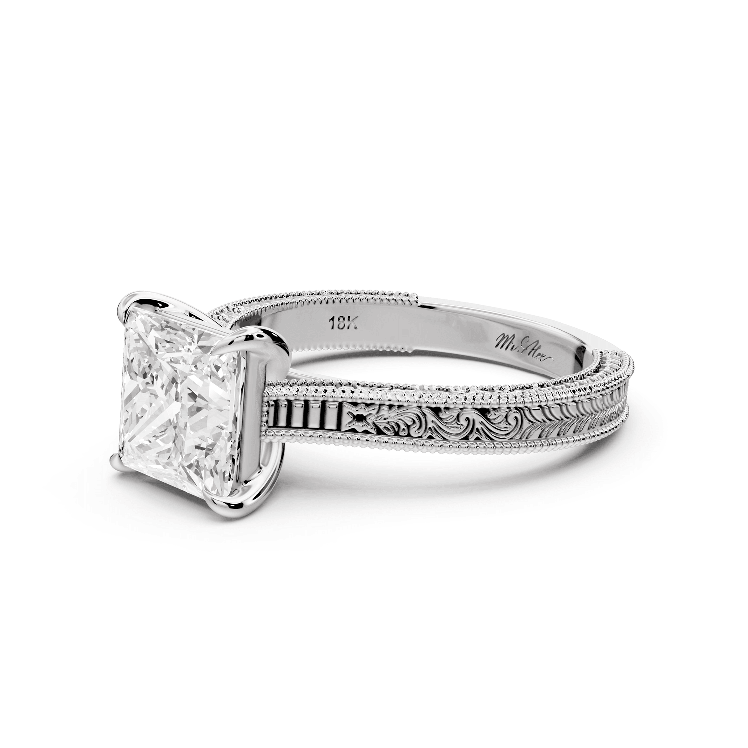 Daniel - 2ct 18k white gold Princess Vintage-Inspired Solitaire Engagement Ring with Hand-Engraved Milgrain Band - Mr. Alex Jewelry