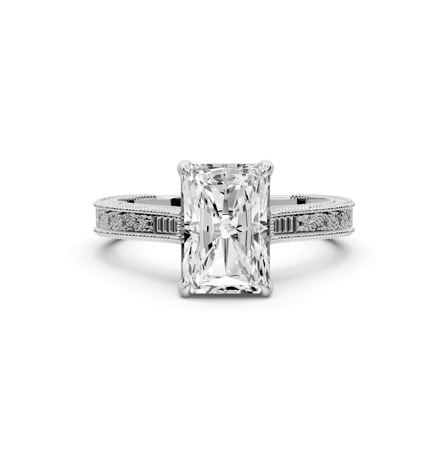 Daniel - 2ct 18k white gold Radiant Vintage-Inspired Solitaire Engagement Ring with Hand-Engraved Milgrain Band - Mr. Alex Jewelry