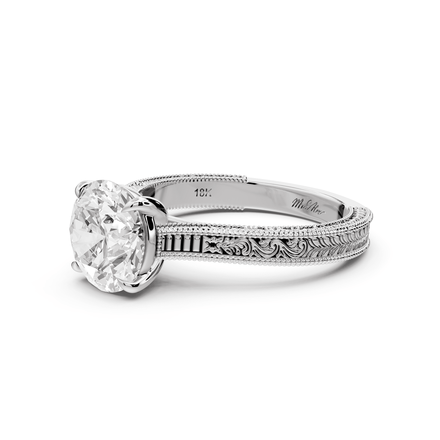 Daniel - 2ct 18k white gold Round Vintage-Inspired Solitaire Engagement Ring with Hand-Engraved Milgrain Band - Mr. Alex Jewelry