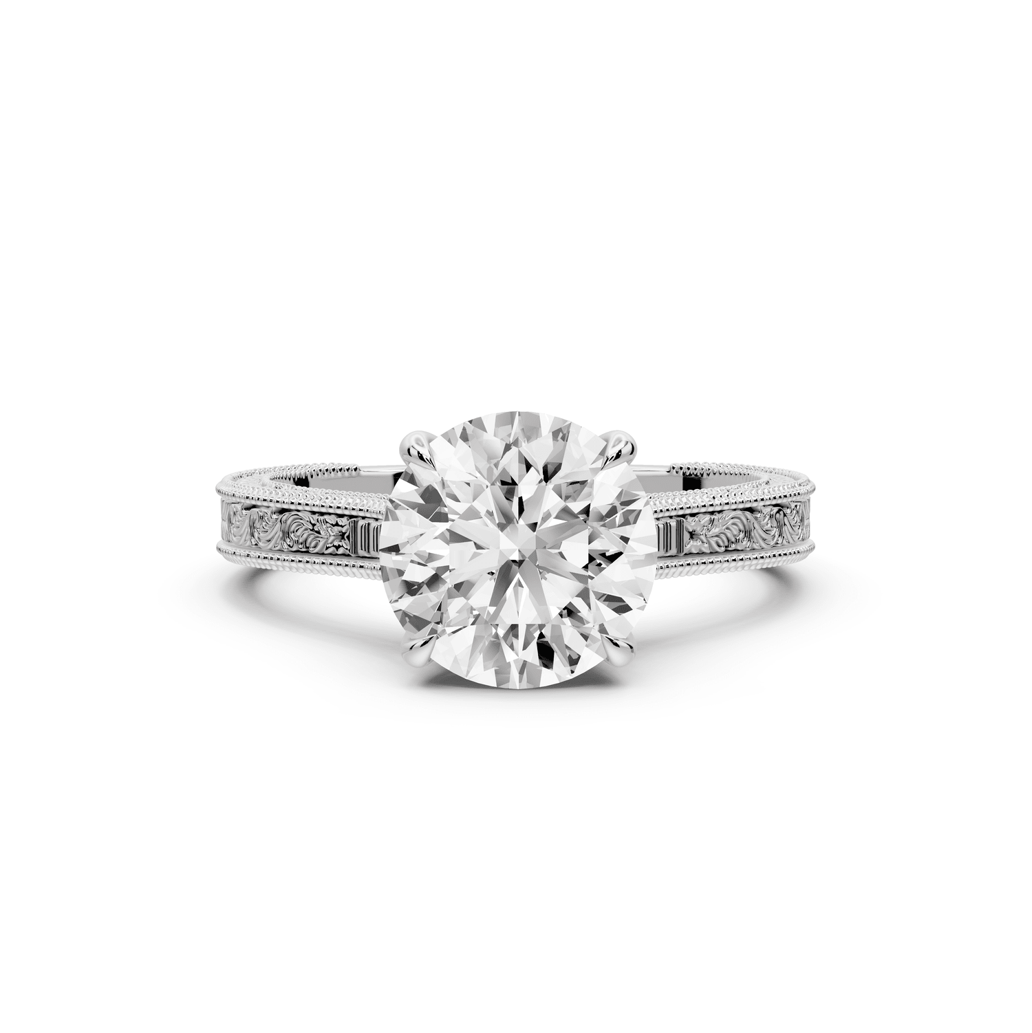 Daniel - 2ct 18k white gold Round Vintage-Inspired Solitaire Engagement Ring with Hand-Engraved Milgrain Band - Mr. Alex Jewelry