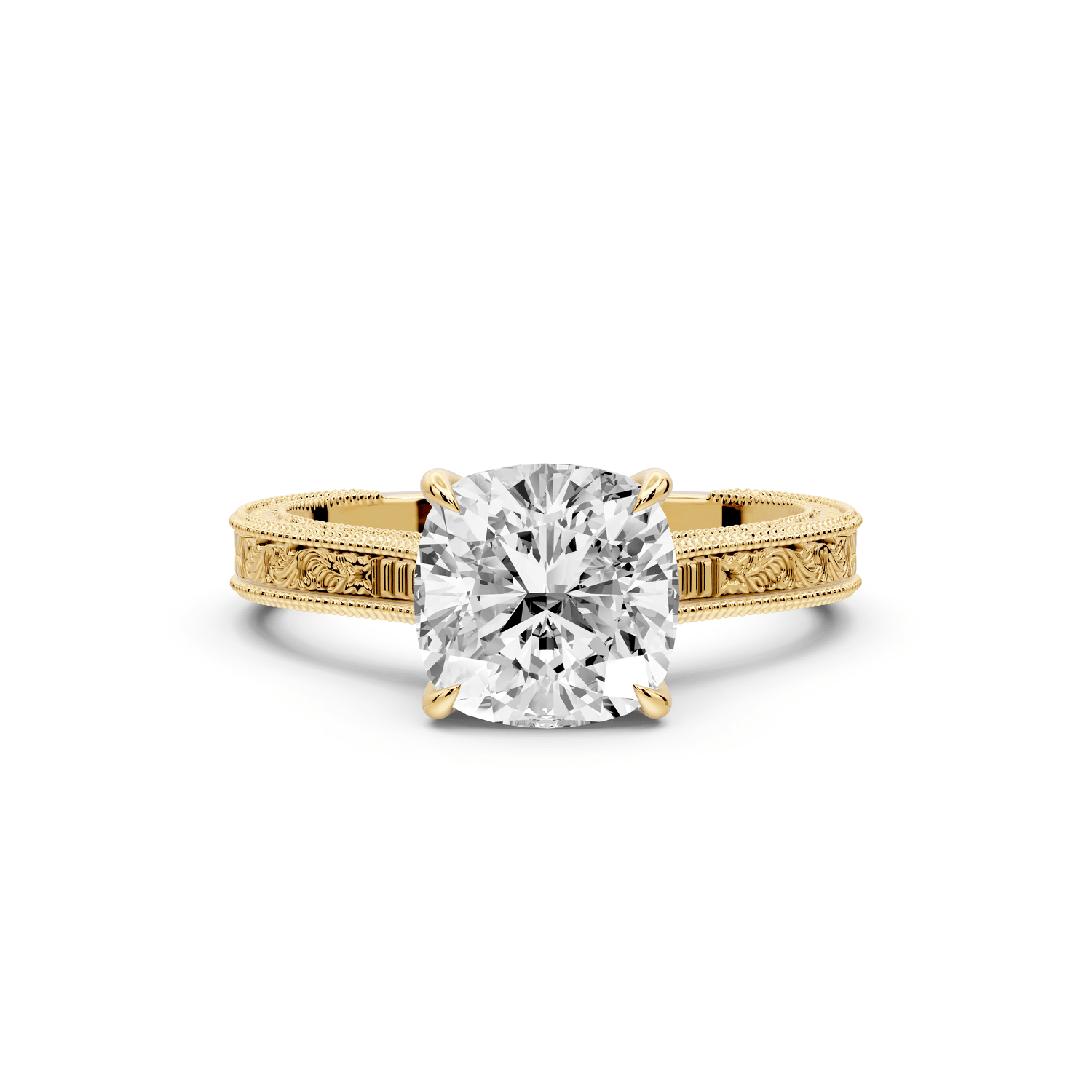 Daniel - 2ct 18k yellow gold Cushion Vintage-Inspired Solitaire Engagement Ring with Hand-Engraved Milgrain Band - Mr. Alex Jewelry