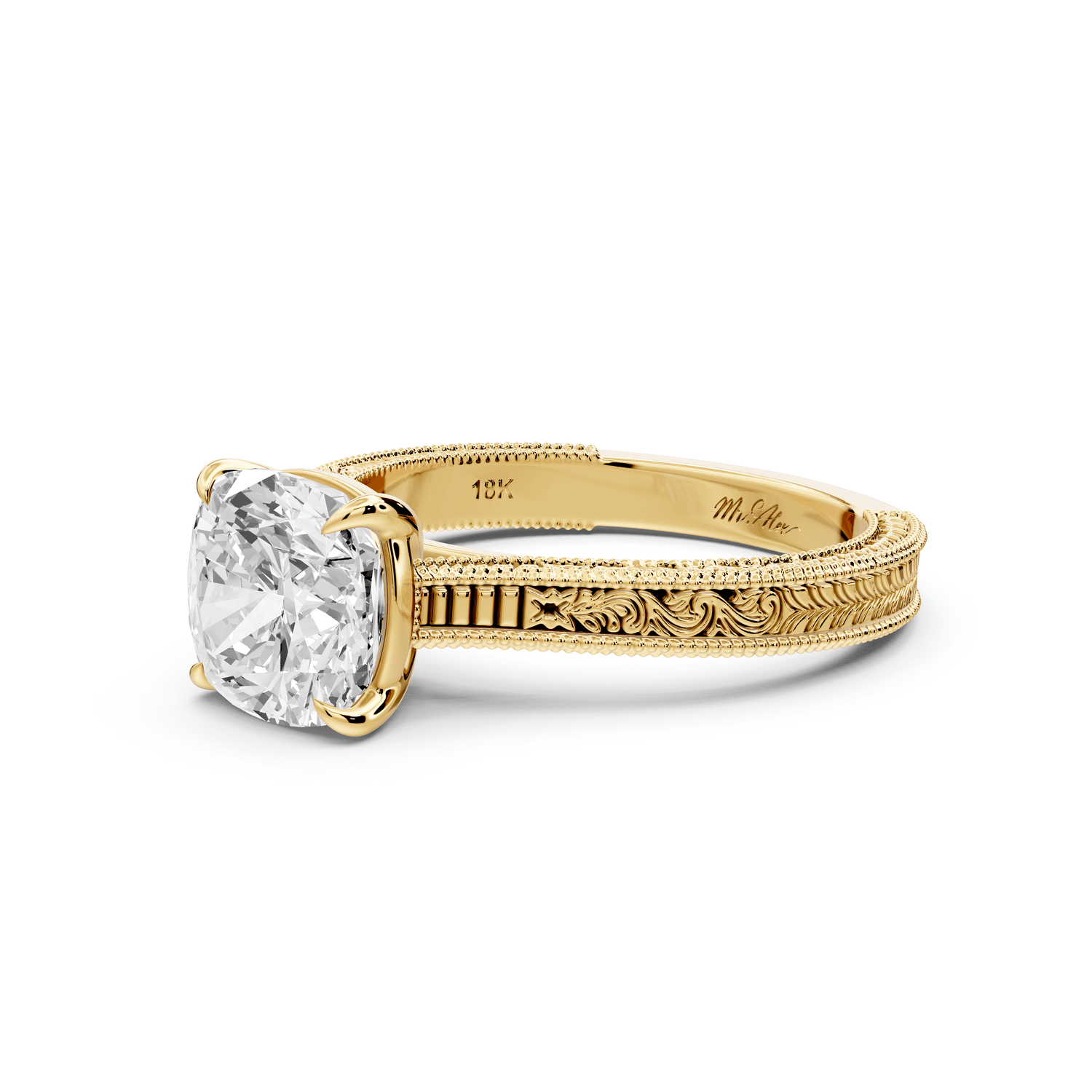 Daniel - 2ct 18k yellow gold Cushion Vintage-Inspired Solitaire Engagement Ring with Hand-Engraved Milgrain Band - Mr. Alex Jewelry
