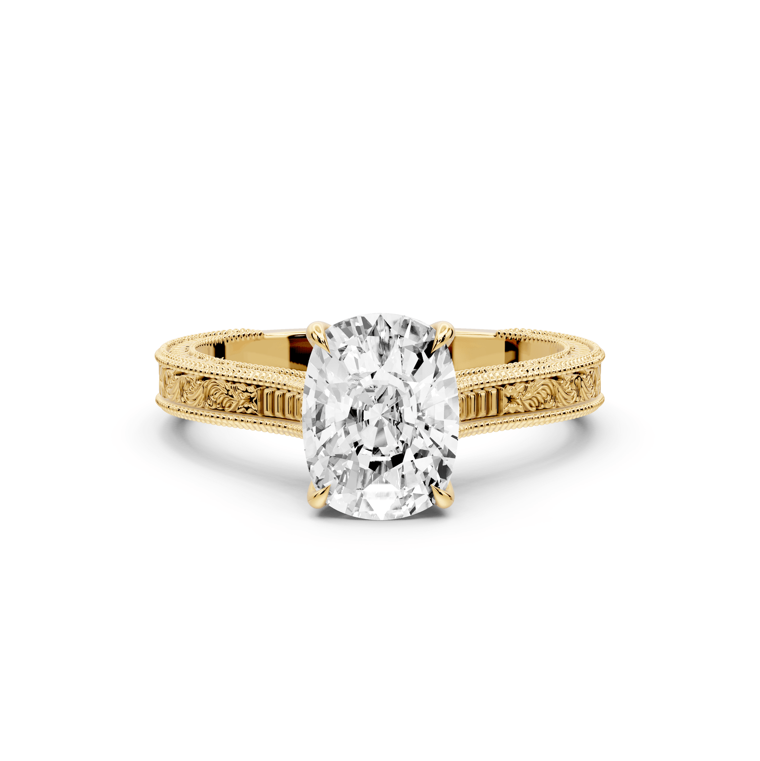 Daniel - 2ct 18k yellow gold Ecushion Vintage-Inspired Solitaire Engagement Ring with Hand-Engraved Milgrain Band - Mr. Alex Jewelry