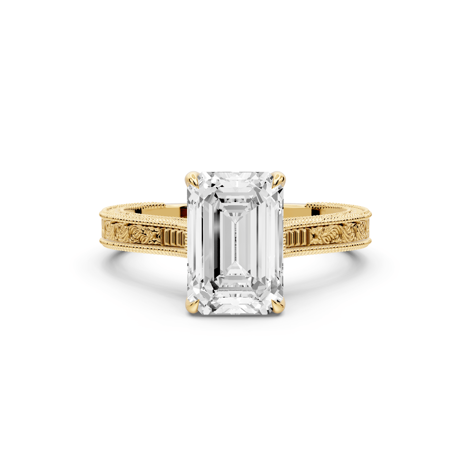 Daniel - 2ct 18k yellow gold Emerald Vintage-Inspired Solitaire Engagement Ring with Hand-Engraved Milgrain Band - Mr. Alex Jewelry