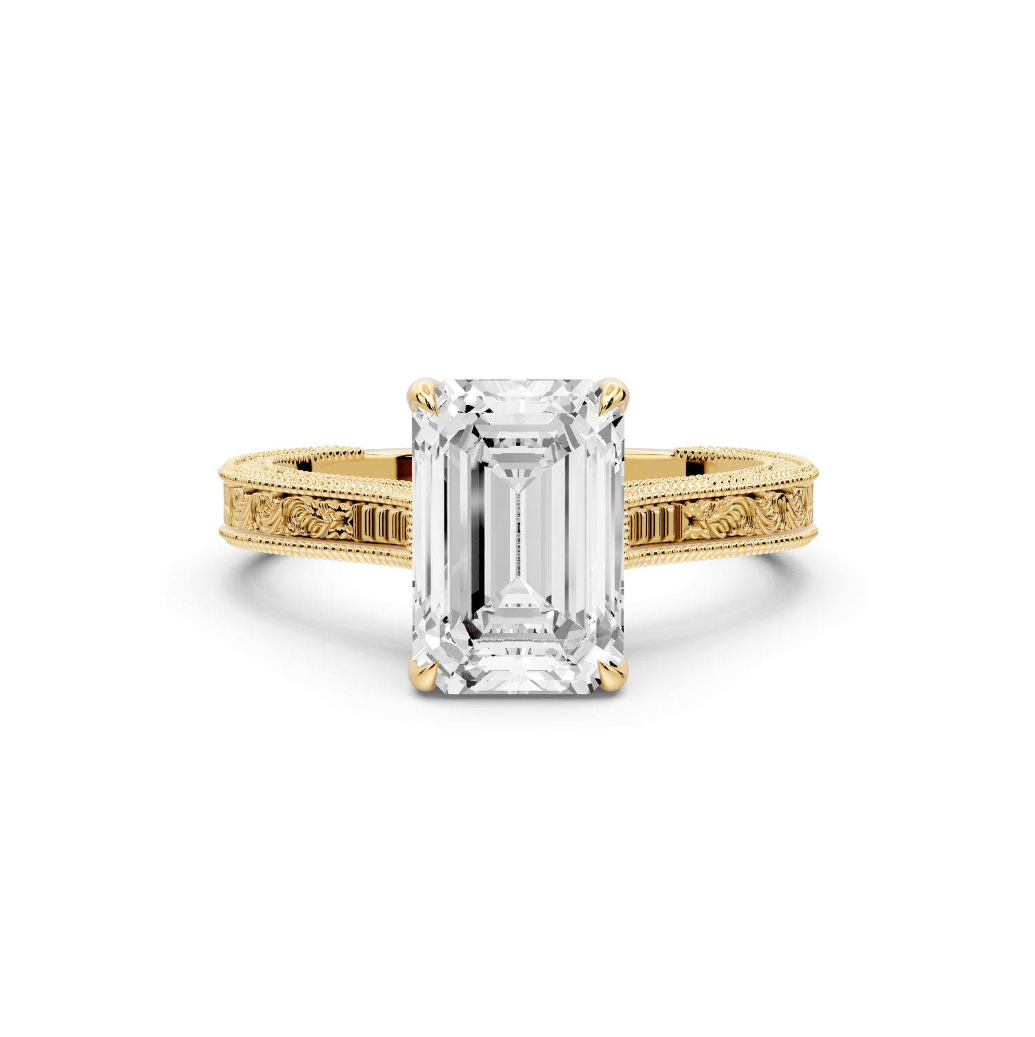 Daniel - 2ct 18k yellow gold Emerald Vintage-Inspired Solitaire Engagement Ring with Hand-Engraved Milgrain Band - Mr. Alex Jewelry