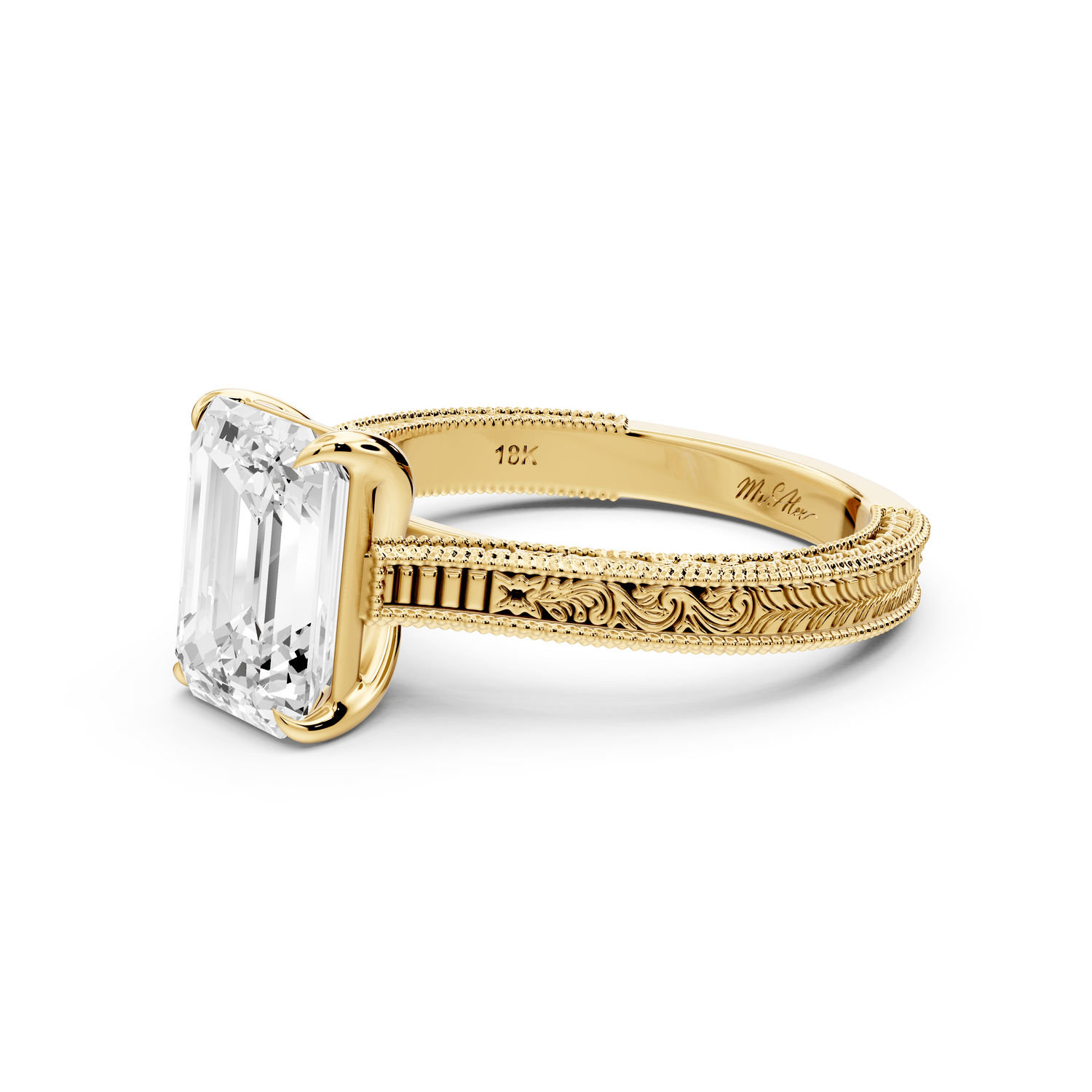 Daniel - 2ct 18k yellow gold Emerald Vintage-Inspired Solitaire Engagement Ring with Hand-Engraved Milgrain Band - Mr. Alex Jewelry