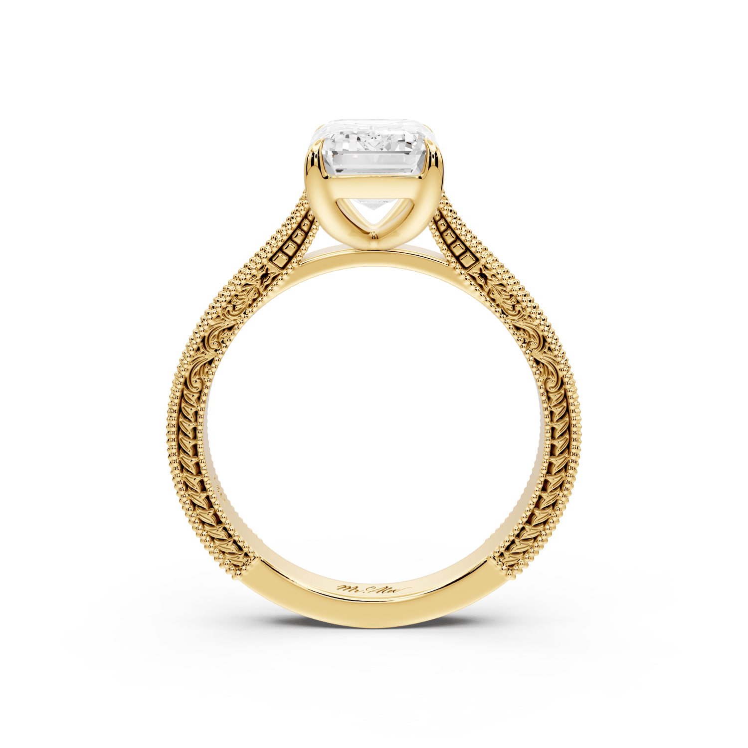 Daniel - 2ct 18k yellow gold Emerald Vintage-Inspired Solitaire Engagement Ring with Hand-Engraved Milgrain Band - Mr. Alex Jewelry