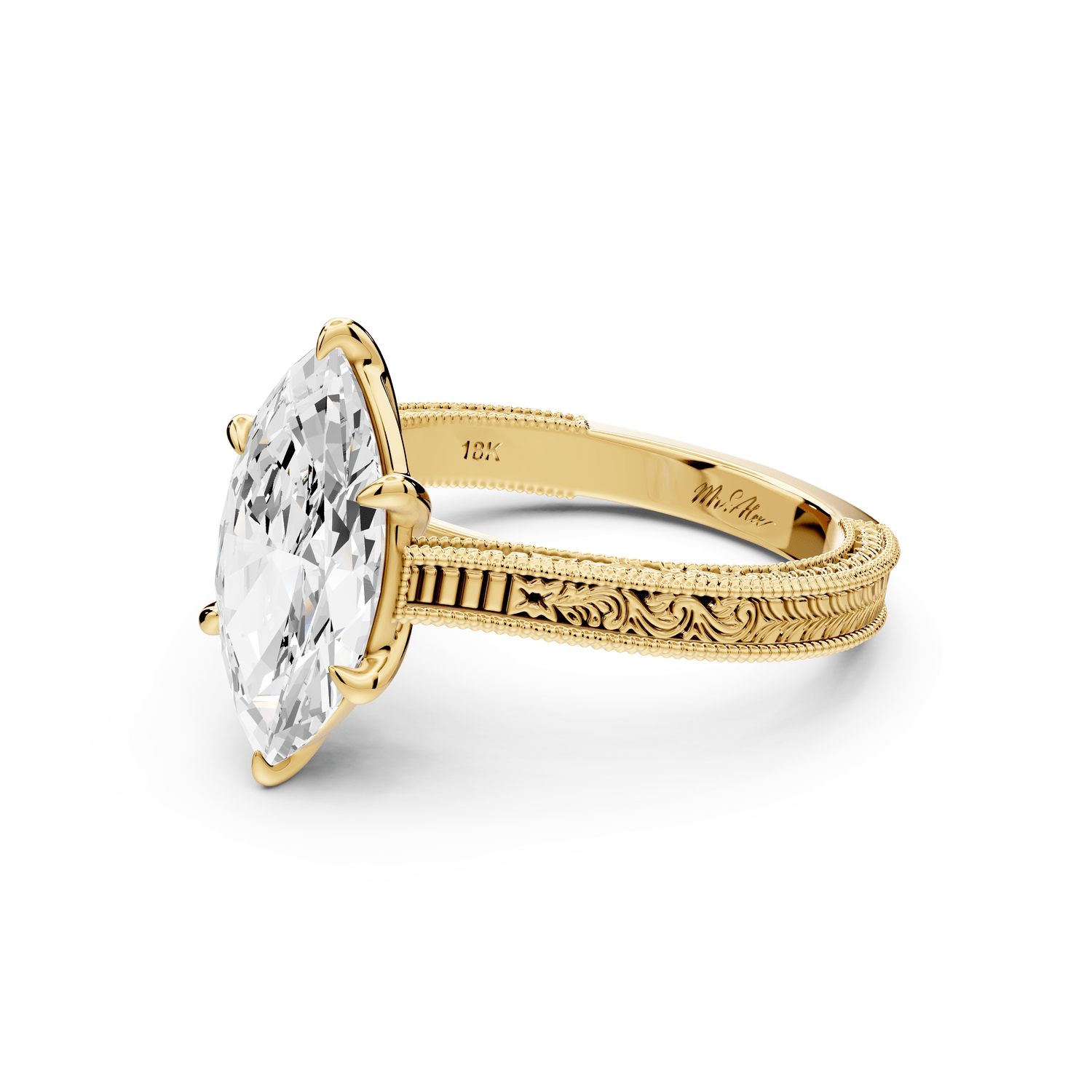 Daniel - 2ct 18k yellow gold Marquise Vintage-Inspired Solitaire Engagement Ring with Hand-Engraved Milgrain Band - Mr. Alex Jewelry
