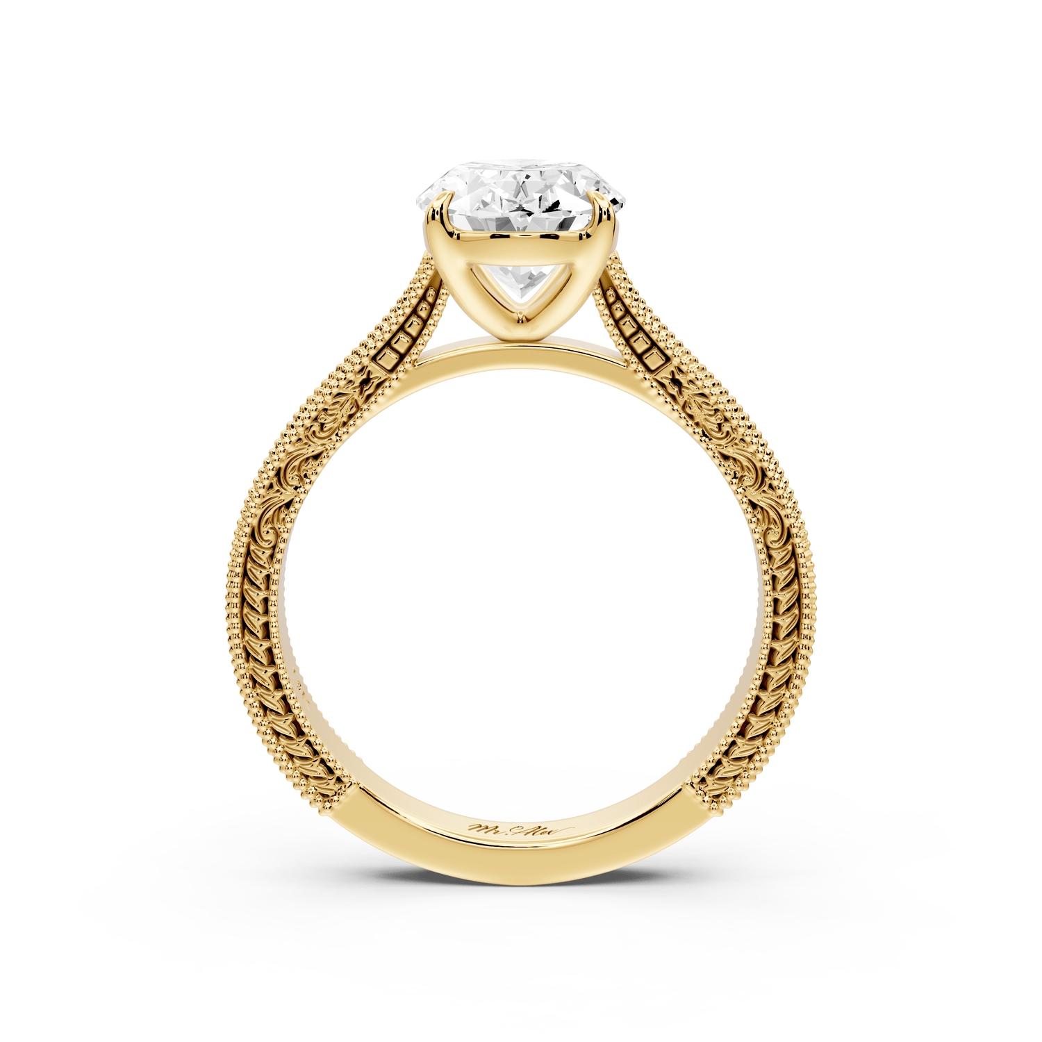 Daniel - 2ct 18k yellow gold Oval Vintage-Inspired Solitaire Engagement Ring with Hand-Engraved Milgrain Band - Mr. Alex Jewelry