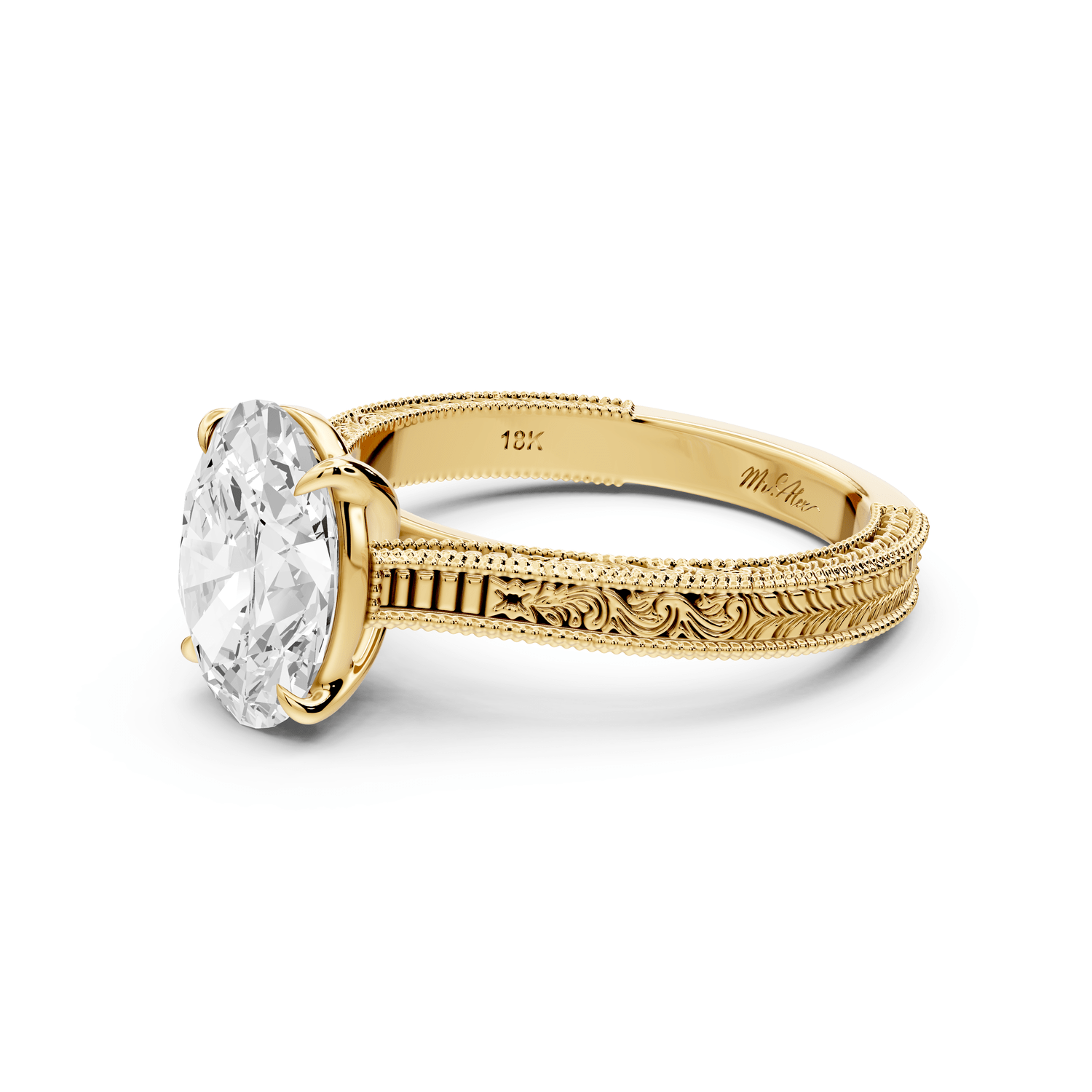 Daniel - 2ct 18k yellow gold Oval Vintage-Inspired Solitaire Engagement Ring with Hand-Engraved Milgrain Band - Mr. Alex Jewelry