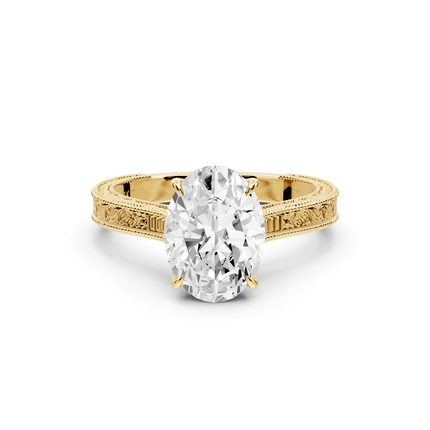 Daniel - 2ct 18k yellow gold Oval Vintage-Inspired Solitaire Engagement Ring with Hand-Engraved Milgrain Band - Mr. Alex Jewelry