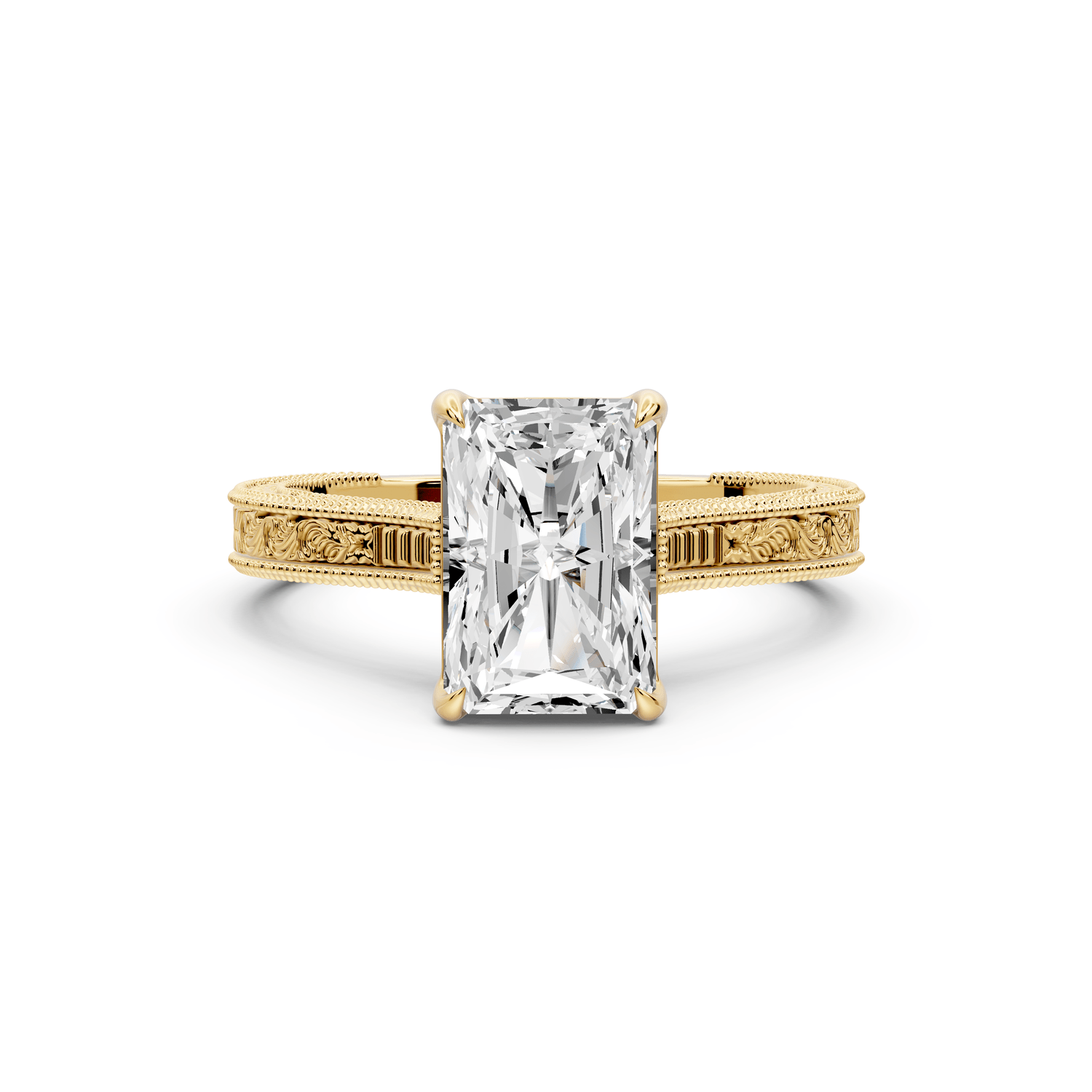 Daniel - 2ct 18k yellow gold Radiant Vintage-Inspired Solitaire Engagement Ring with Hand-Engraved Milgrain Band - Mr. Alex Jewelry
