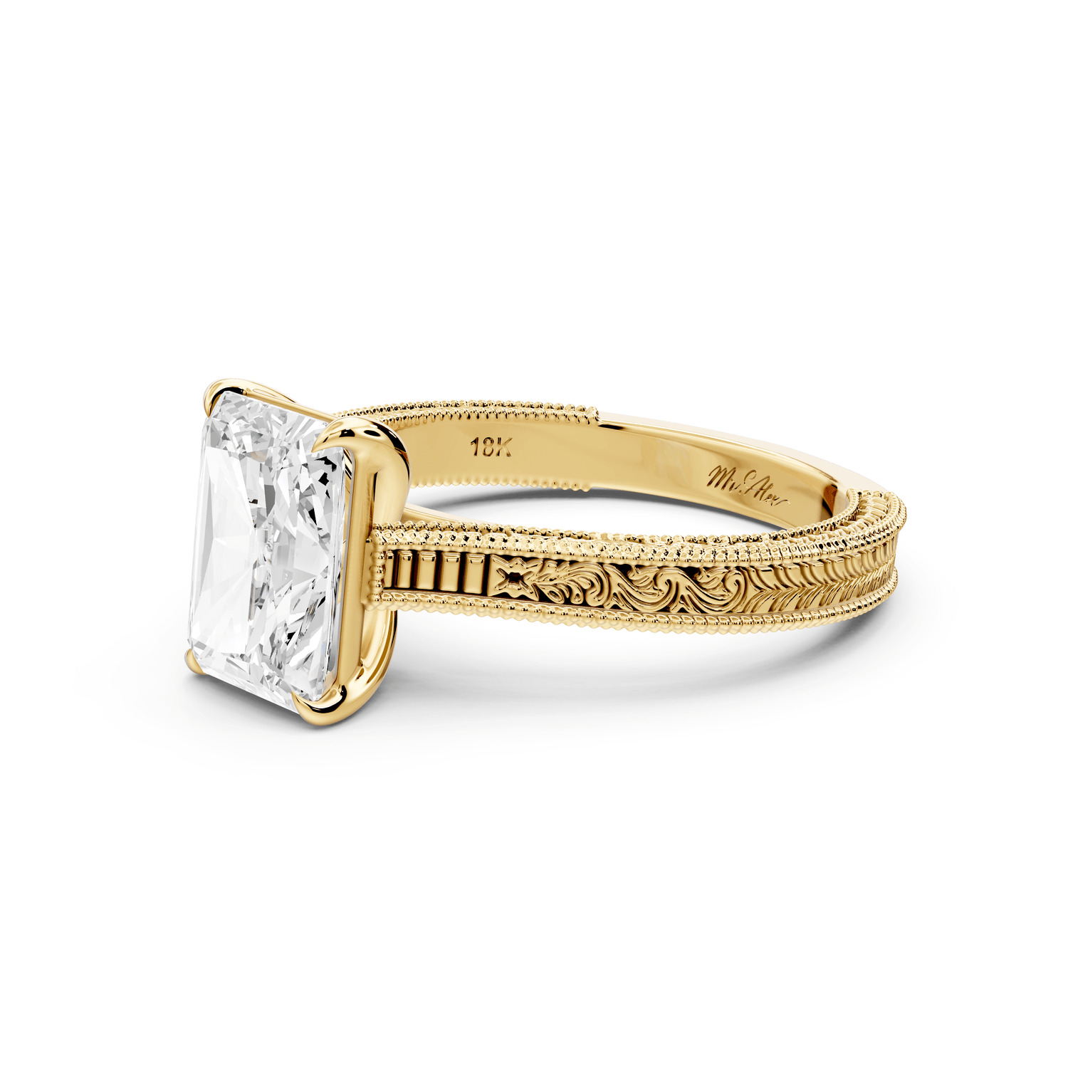 Daniel - 2ct 18k yellow gold Radiant Vintage-Inspired Solitaire Engagement Ring with Hand-Engraved Milgrain Band - Mr. Alex Jewelry