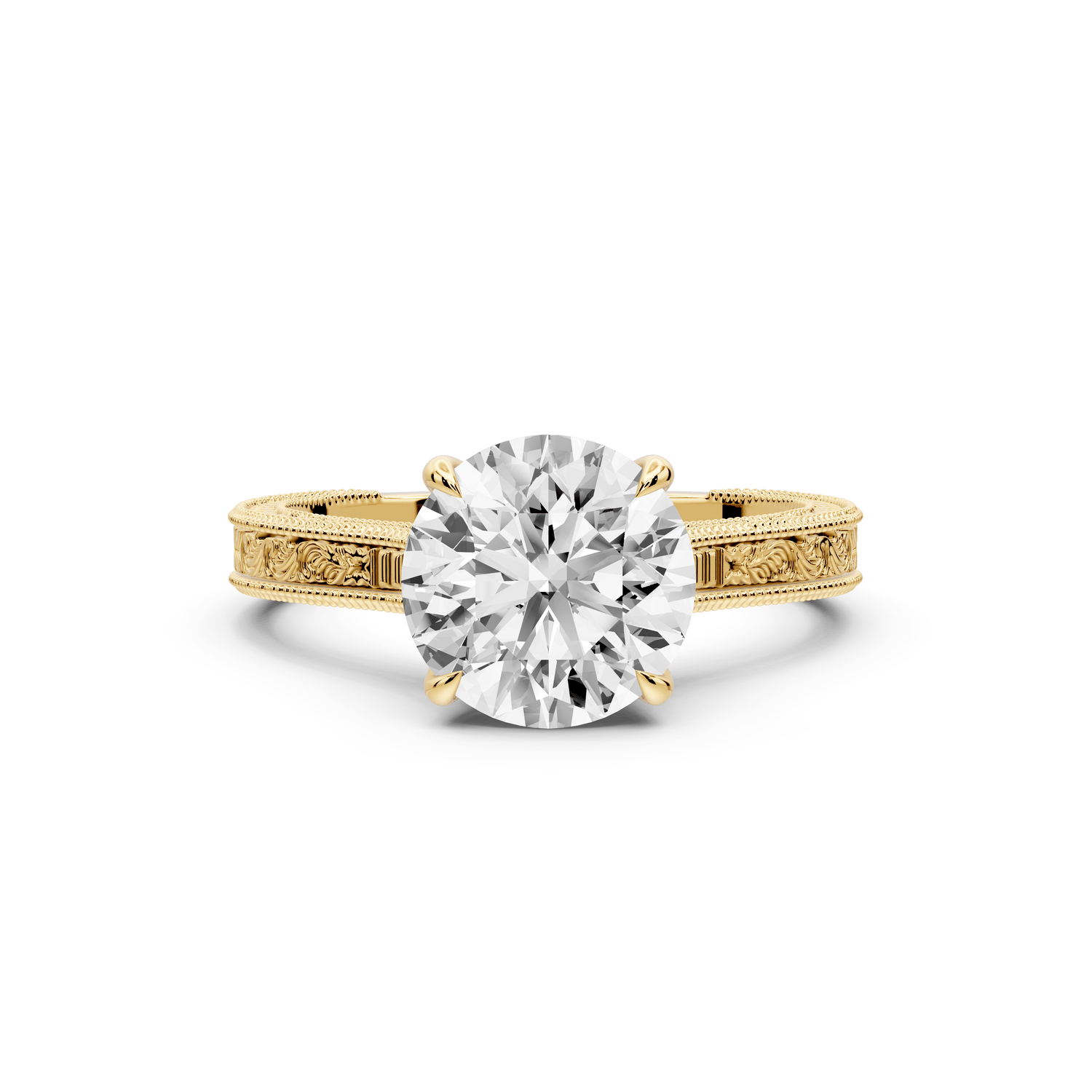 Daniel - 2ct 18k yellow gold Round Vintage-Inspired Solitaire Engagement Ring with Hand-Engraved Milgrain Band - Mr. Alex Jewelry