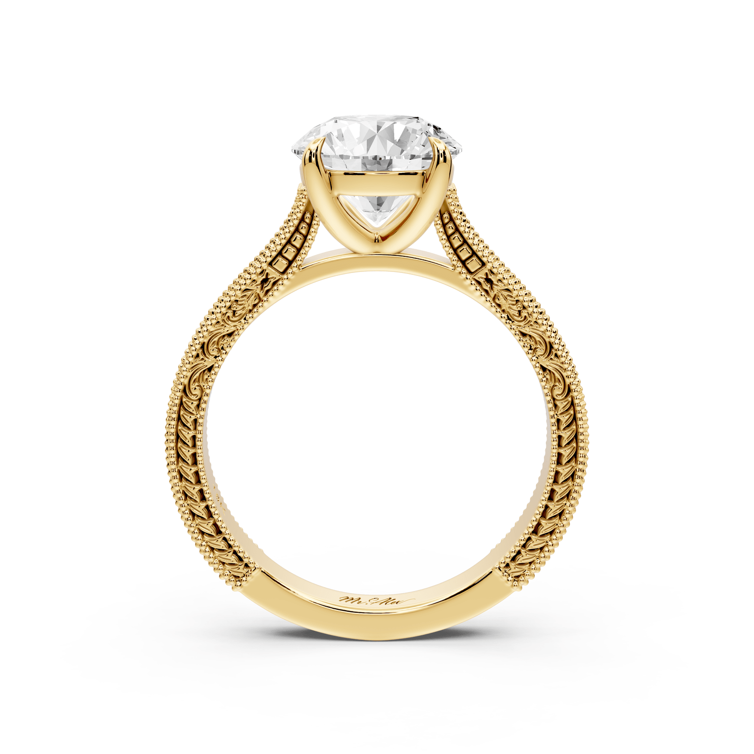 Daniel - 2ct 18k yellow gold Round Vintage-Inspired Solitaire Engagement Ring with Hand-Engraved Milgrain Band - Mr. Alex Jewelry