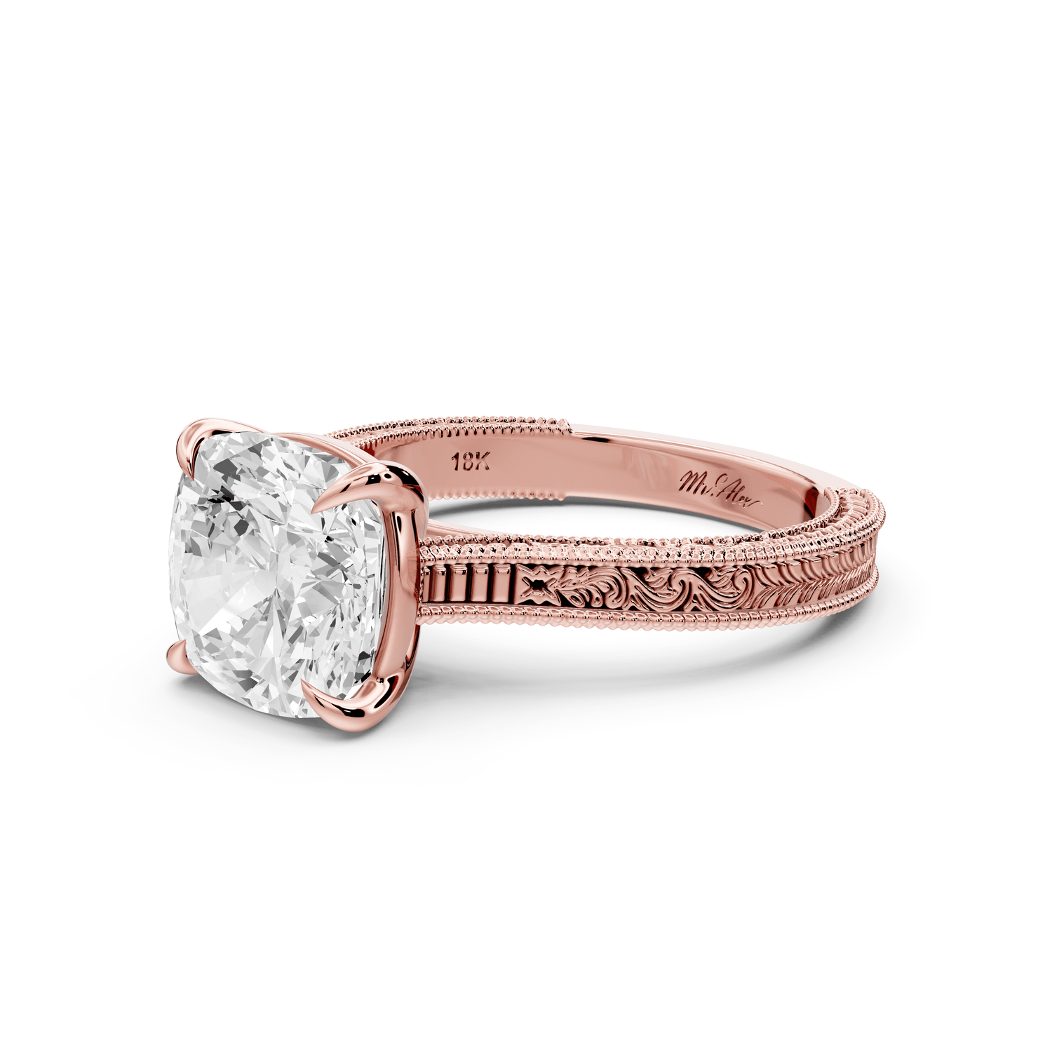 Daniel - 3ct 14k rose gold Cushion Vintage-Inspired Solitaire Engagement Ring with Hand-Engraved Milgrain Band - Mr. Alex Jewelry