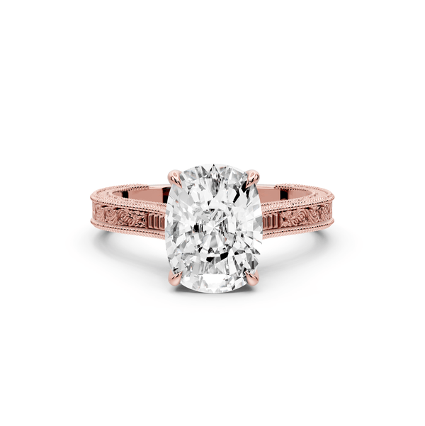Daniel - 3ct 14k rose gold Ecushion Vintage-Inspired Solitaire Engagement Ring with Hand-Engraved Milgrain Band - Mr. Alex Jewelry