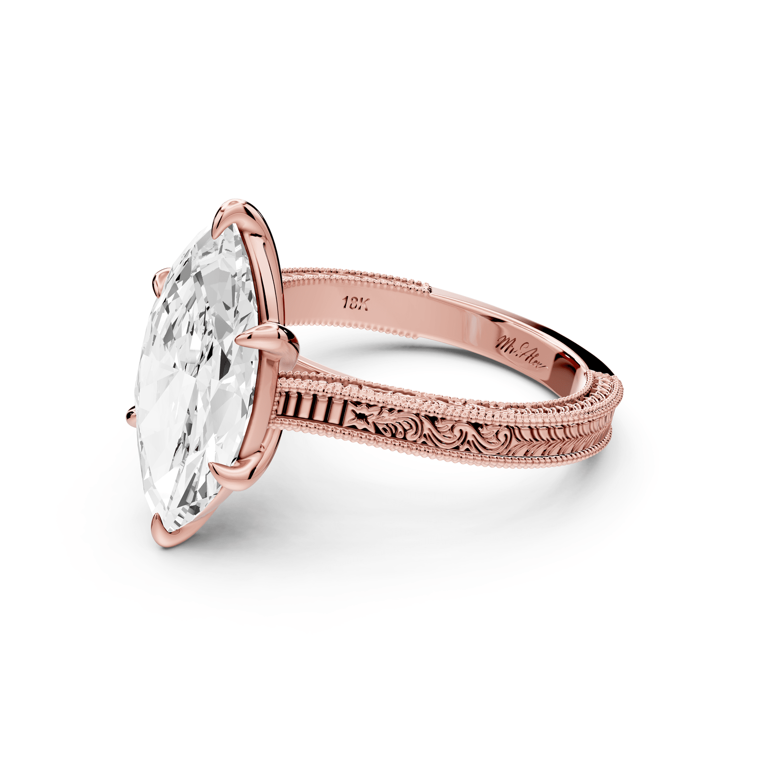 Daniel - 3ct 14k rose gold Marquise Vintage-Inspired Solitaire Engagement Ring with Hand-Engraved Milgrain Band - Mr. Alex Jewelry