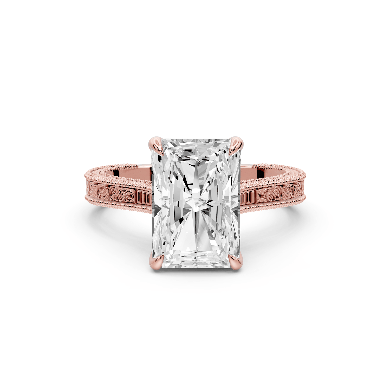 Daniel - 3ct 14k rose gold Radiant Vintage-Inspired Solitaire Engagement Ring with Hand-Engraved Milgrain Band - Mr. Alex Jewelry