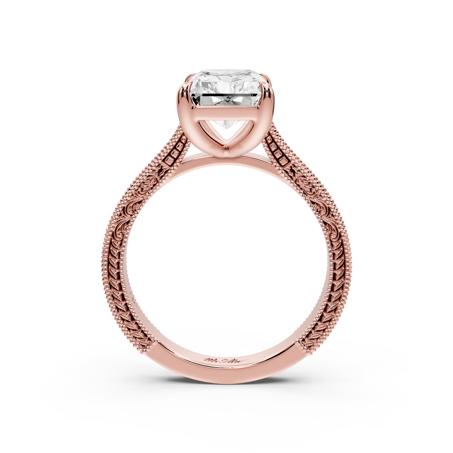 Daniel - 3ct 14k rose gold Radiant Vintage-Inspired Solitaire Engagement Ring with Hand-Engraved Milgrain Band - Mr. Alex Jewelry