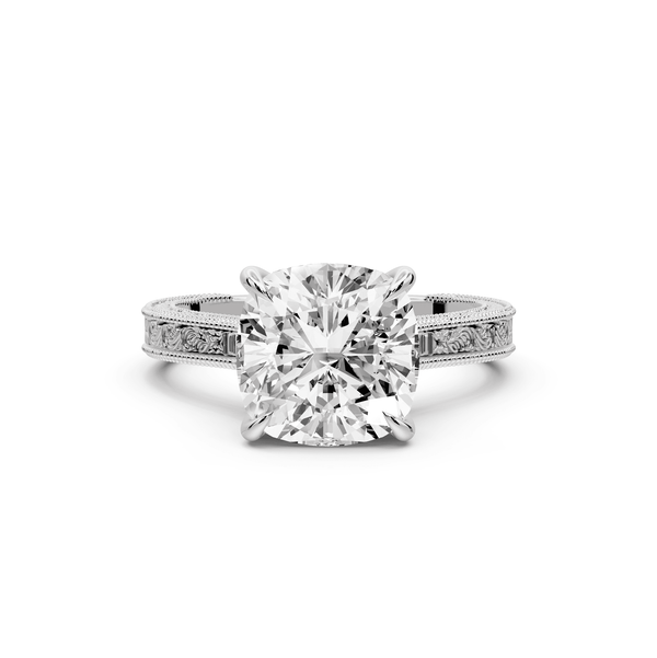 Daniel - 3ct 14k white gold Cushion Vintage-Inspired Solitaire Engagement Ring with Hand-Engraved Milgrain Band - Mr. Alex Jewelry
